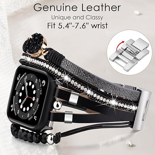 Vista 3 de VISOOM Beaded Boho Bracelet Compatible for Apple Watch Band 40mm/38mm/41mm/42mm iWatch Series 10 9 8 7 SE 6/5/4 Women Leather Fashion Cute Handmade
