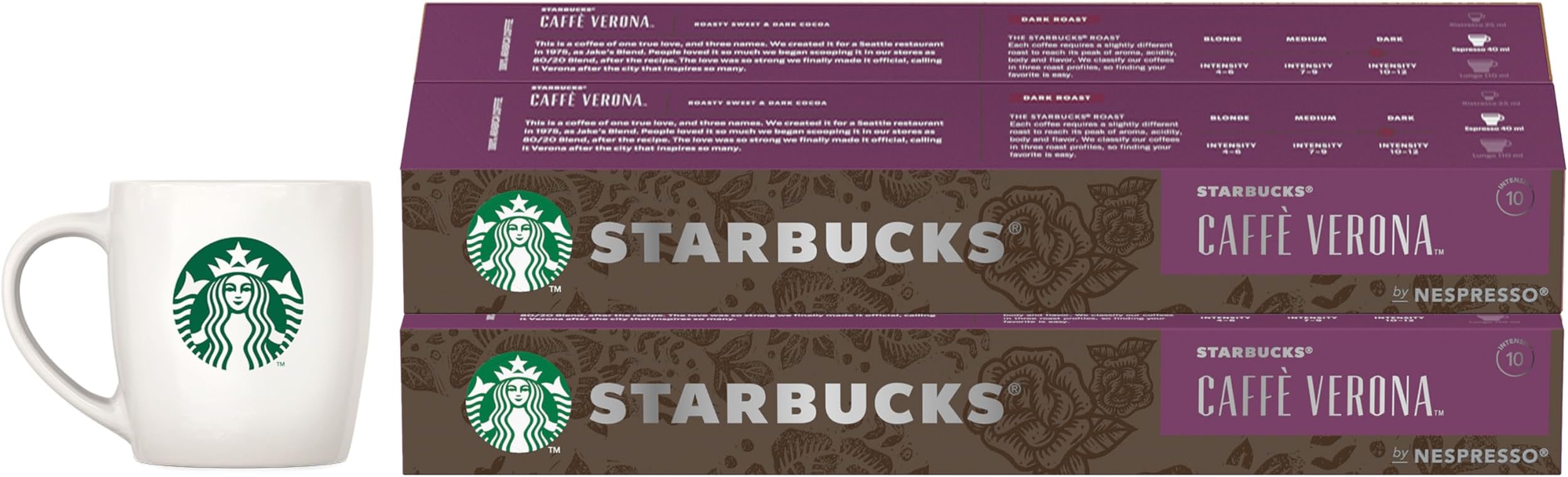 Nescafe Starbucks Nespresso Caffe Verona Ristretto Roasty Sweet & Dark Cocoa Notes Dark Roast, 55 grams, (Pack of 4 + Free Mug)