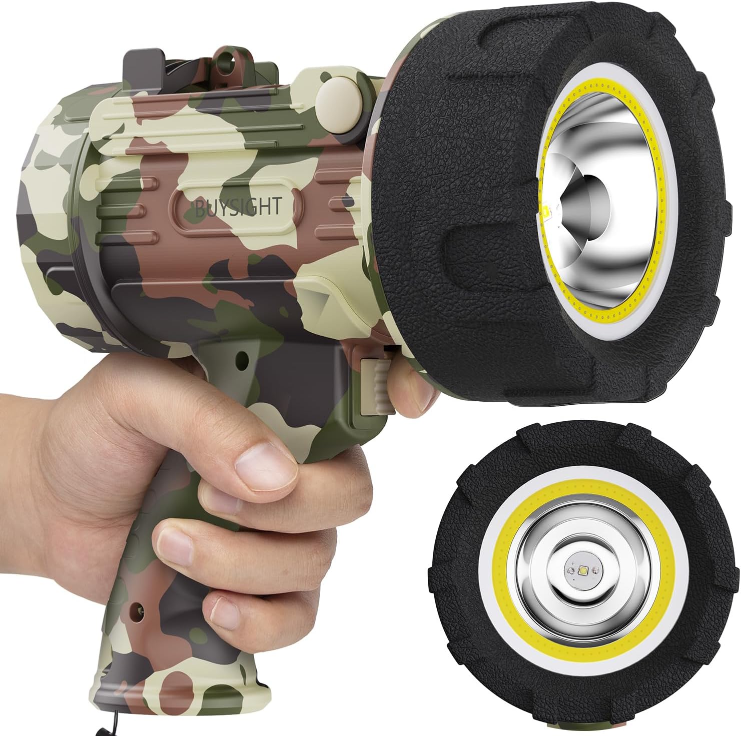 BUYSIGHT Linterna recargable con reflector, 10000000 lúmenes, luces de mano IP67, impermeable, linterna de camping COB con filtro rojo (camuflaje