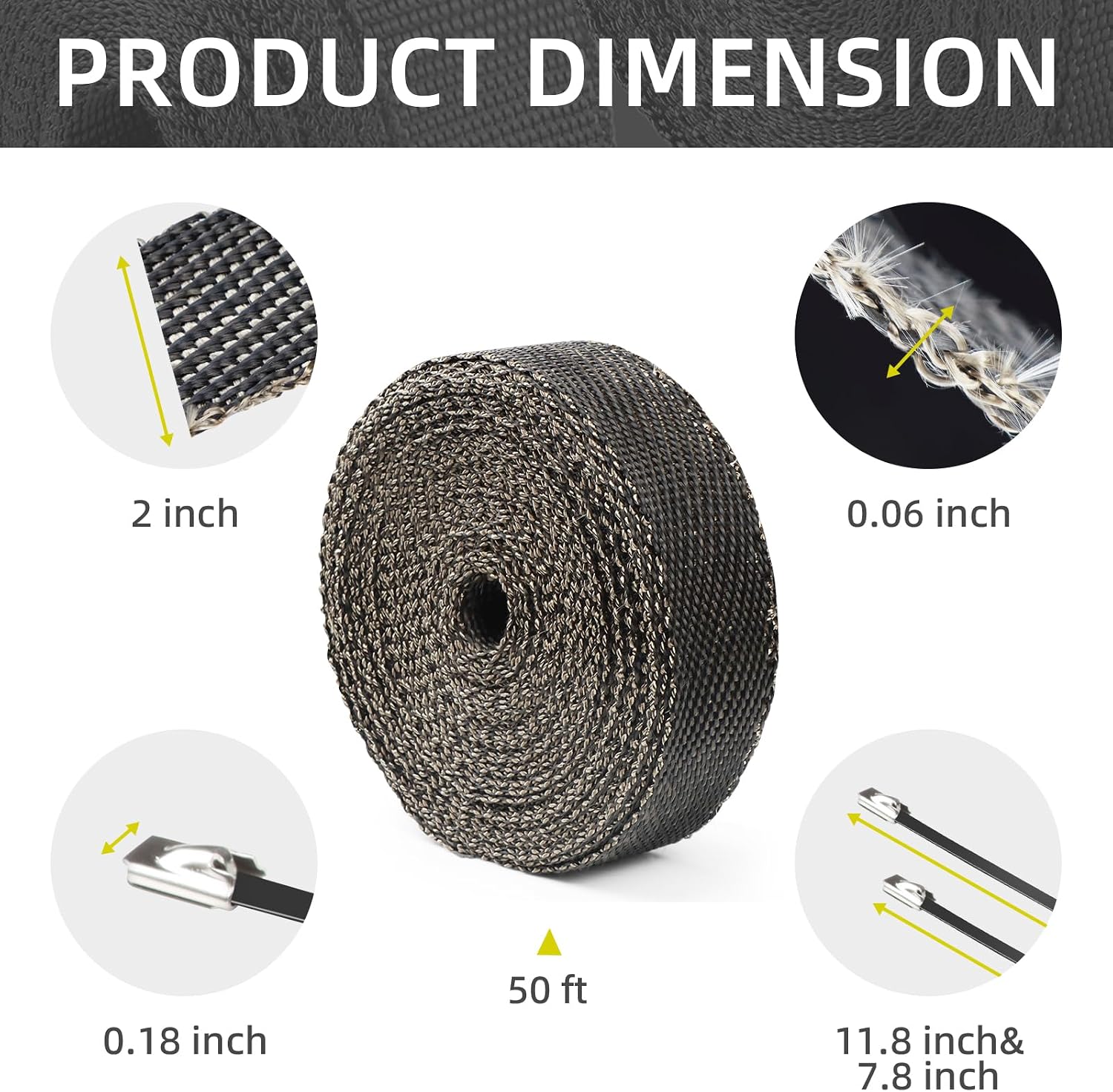 CARDI 2" x 50' Titanium and Black Blended Exhaust Heat Wrap for Motorcycle Heat Shield Tape, Twill Weave with 14 Stainless Ties and Gloves
