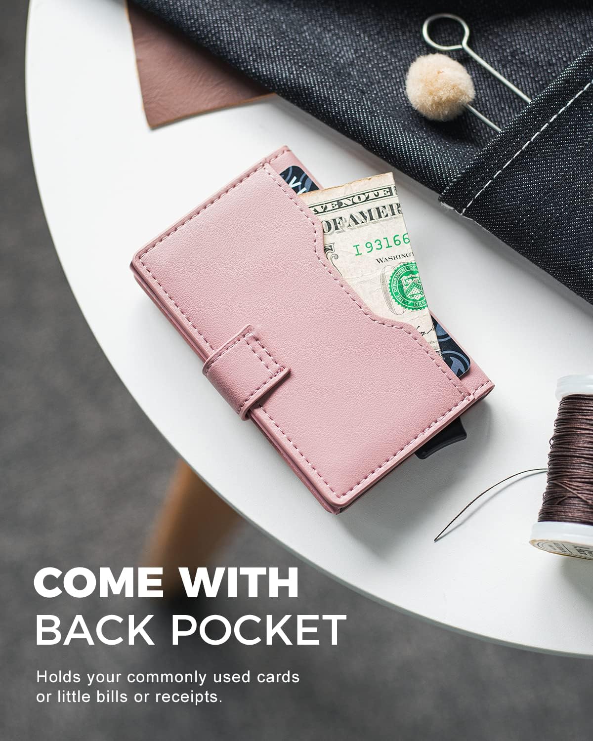 VULKIT Slim Bifold Pop up Wallet Minimalist Leather Card Holder RFID Blocking Metal Card Case with ID Window for Women | with Leather Slots, RFID Blocking, Slim, Metal Card Case - Image 6