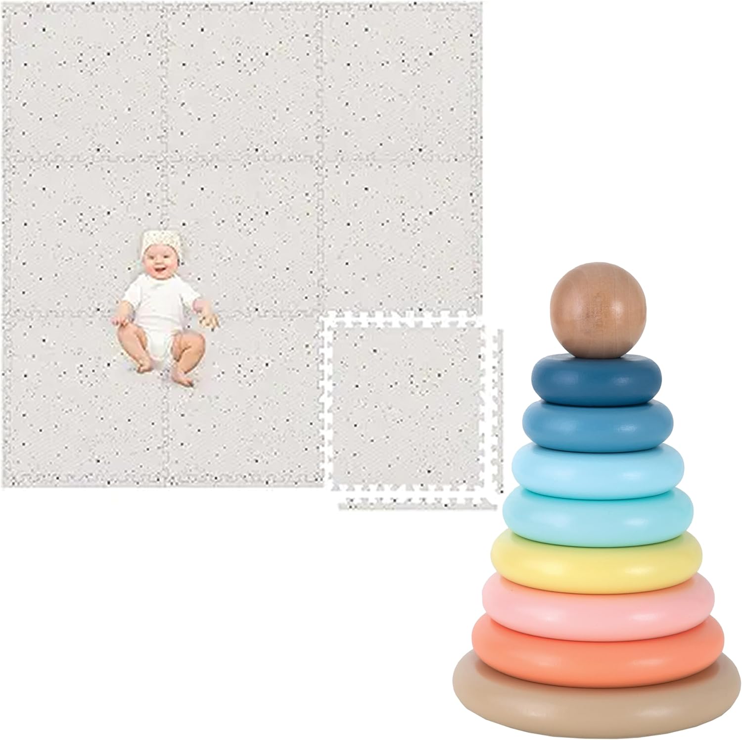 Play Platoon Non-Toxic Kids Play Mats for Floor, Extra-Thick Foam Tiles, Playmat for Toddlers & Childrens Playroom, Wooden Rainbow Ring Stacker Toy, Educational Interactive Learning Toys
