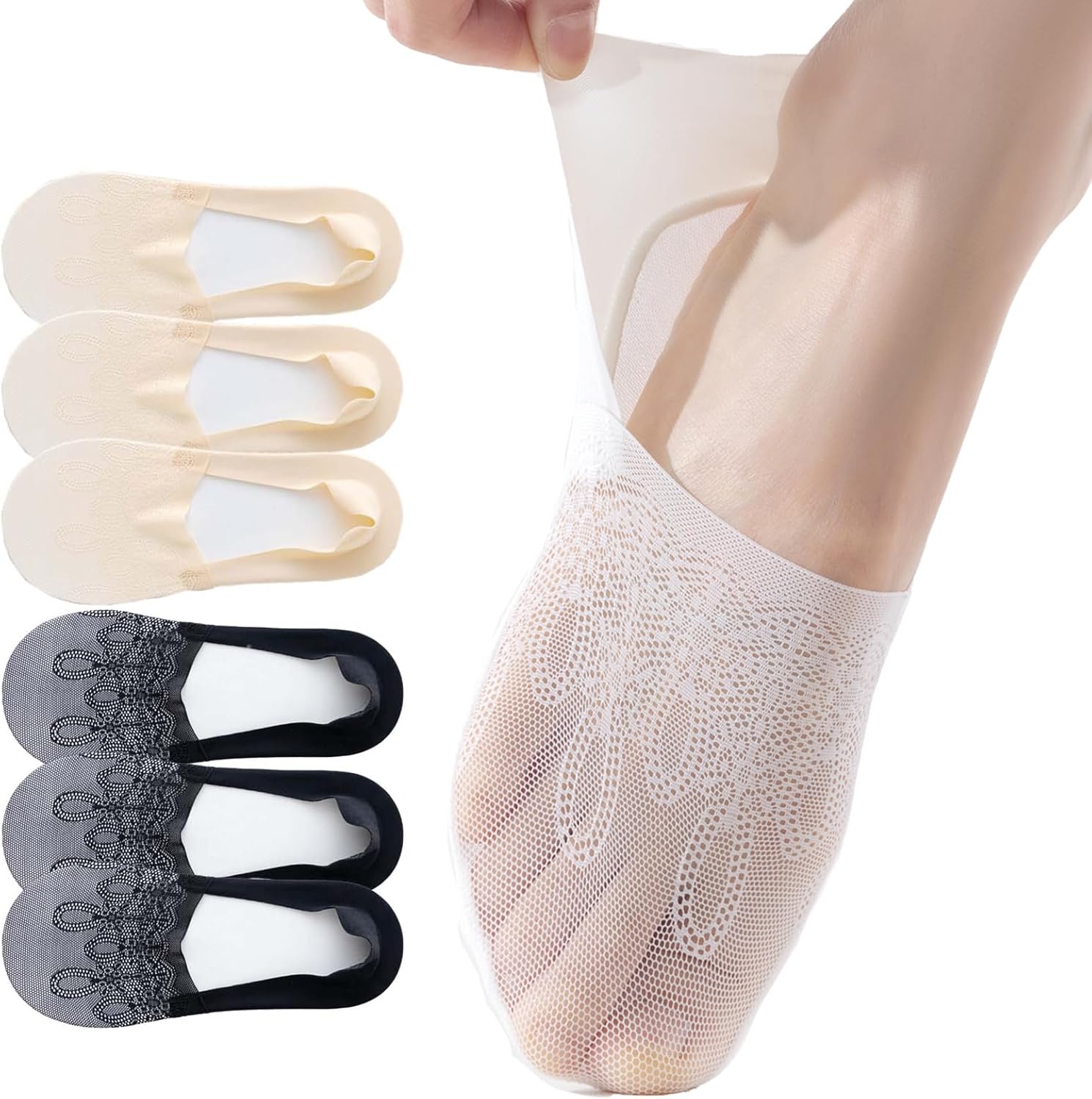 6 Pack Thin Lace No Show Socks For Women, Invisible Low Cut Women’s Liner Sock Size 5-8,9-11 8-10.5 Short Nude Black