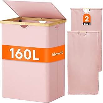 Lifewit 160L Double Laundry Hamper with Lid, Extra Large Bamboo Laundry Basket Dirty Clothes Hamper, 2 Section Laundry Bin Organizer for Laundry Room Bedroom with 2 Removable Liners & Bags, Pink