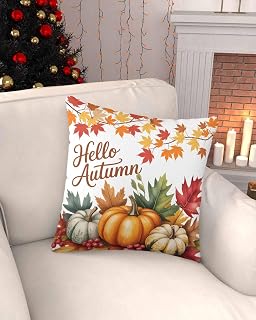 Hello Autumn Throw Pillow Cover 26 x 26 Inch Decorative Pillow Cover Vintage Pumpkins Thanksgiving Botanical Lumbar Pillowcase Seasonal Square Cushion Case for Couch Sofa Bed Living Room