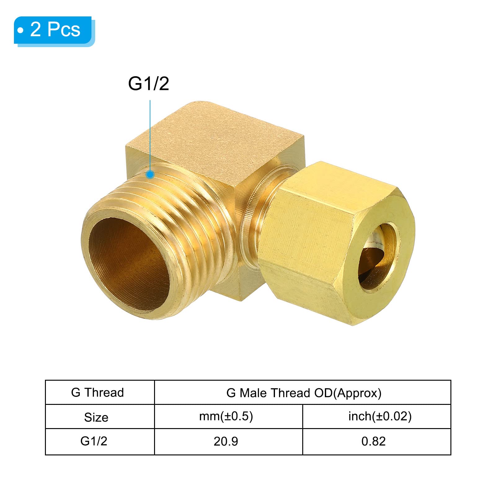 Accesorio de compresión de Tubo de latón de 10 mm de diámetro Exterior, Macho G1/2, Paquete de 2, Accesorio de Tubo de Codo de 90 Grados para plomería, Conector de Manguera