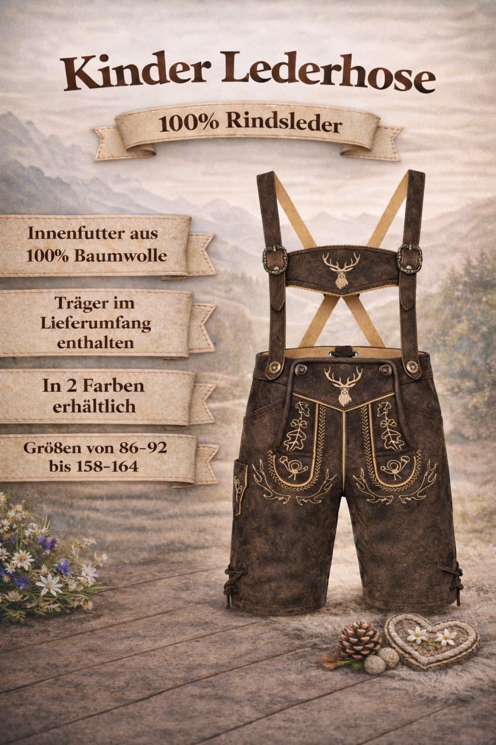 PAULGOS Kinder Trachten Lederhose KK2-ANTIK + Träger, Echtes Leder, Gr. 86-164