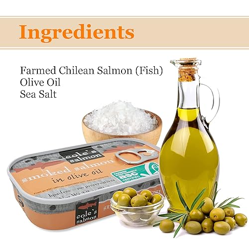 Miniatura 3 de Coles - Aceite de oliva de salmón ahumado enlatado, paquete de 10 unidades  Salmón enlatado fresco, no congelado, sin conservantes, pescado enlatado