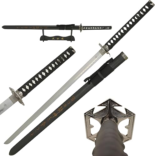 Espada ninja clásica, longitud total de 41 pulgadas, mango de madera dura envuelta en piel de rayo, soporte de exhibición de madera