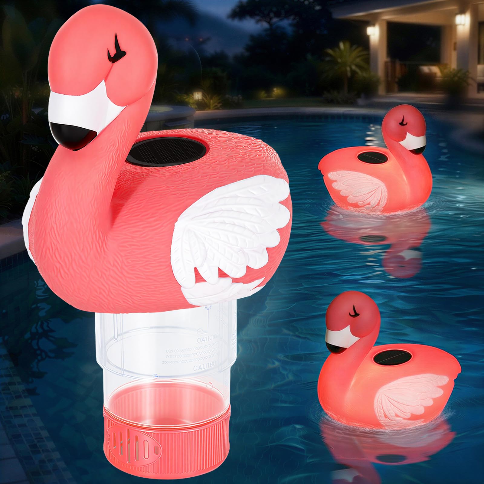 Housolution Flotador Solar de Cloro para Piscina, Dispensador Flotante con Luz, Apta Tabletas 4x3in, Liberación Ajustable, Apertura Fácil & Anti-Hundimiento, Flotador Piscina Jacuzzi SPA, Flamingo