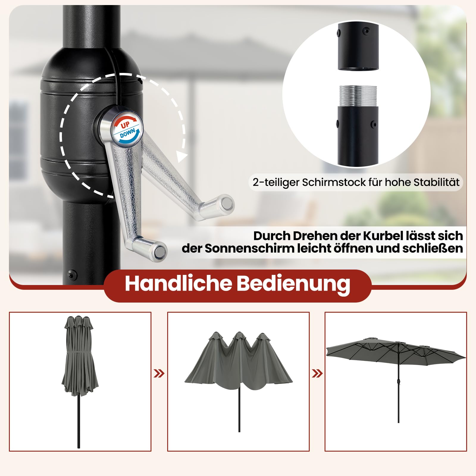 Laneetal Doppelsonnenschirm, XXL Extra großer Sonnenschirm, Gartenschirm, UV-Schutz bis UPF 50+, Terrassenschirm, mit Kurbel, für Garten, Terrasse, Pool und Patio