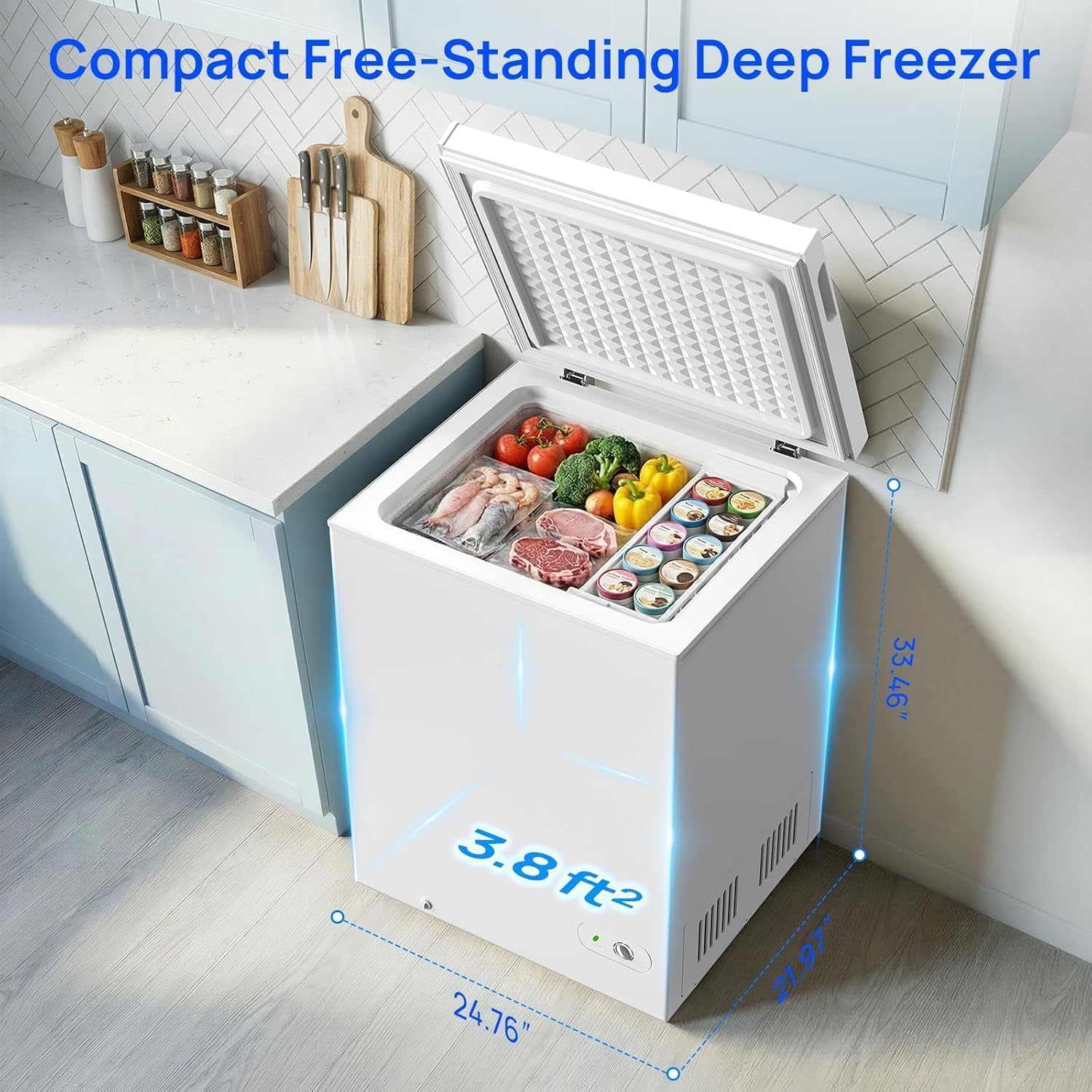 Electactic Chest Freezer 5.0 Cu.Ft, Deep Freezer With 3 Removable Baskets, Adjustable Temperature, Free-Standing Top Open Door, Quiet Energy-Saving Compact Freezer For Home/Office/Garage/Dorm, White on Fridge.com - View 6