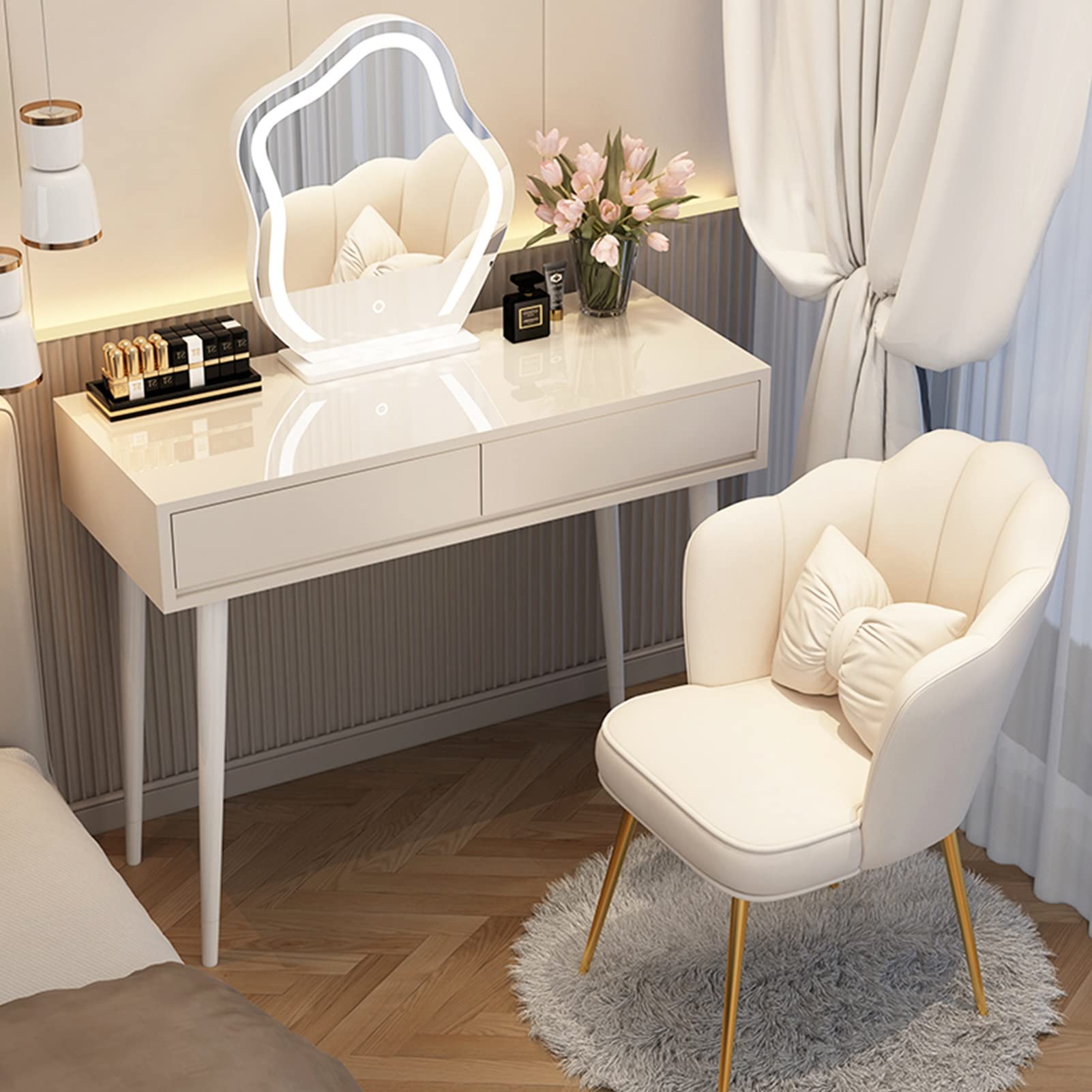 asdchZen Elegant Makeup Vanity Table With Led Lights Mirror & Upholstered Stool, White/Grey Dressing Table For Bedroom, Large Drawers, 100Cm/39.3In,White a-100cm/39.3in