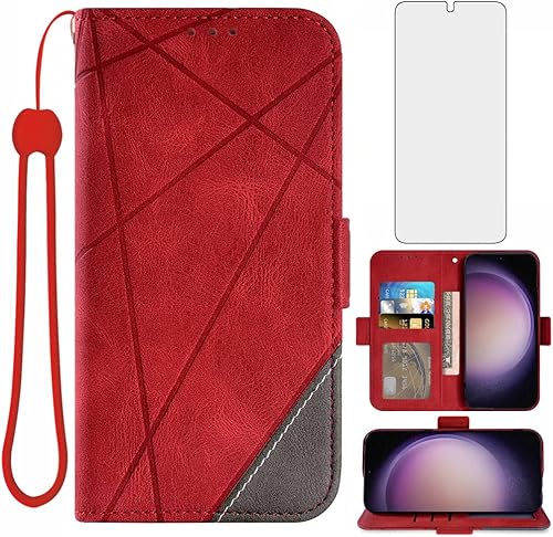 Asuwish Funda tipo cartera compatible con Samsung Galaxy S23 5G y protector de pantalla de vidrio templado, funda de cuero con tapa para tarjetero,