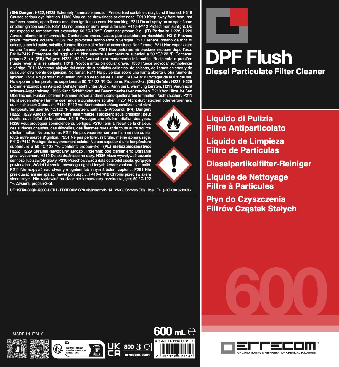 ERRECOM DPF Flush, Nettoyant pour Filtre à Particules (FAP) et Catalyseur, sans Démontage, Bouteille de 600 ML - 5