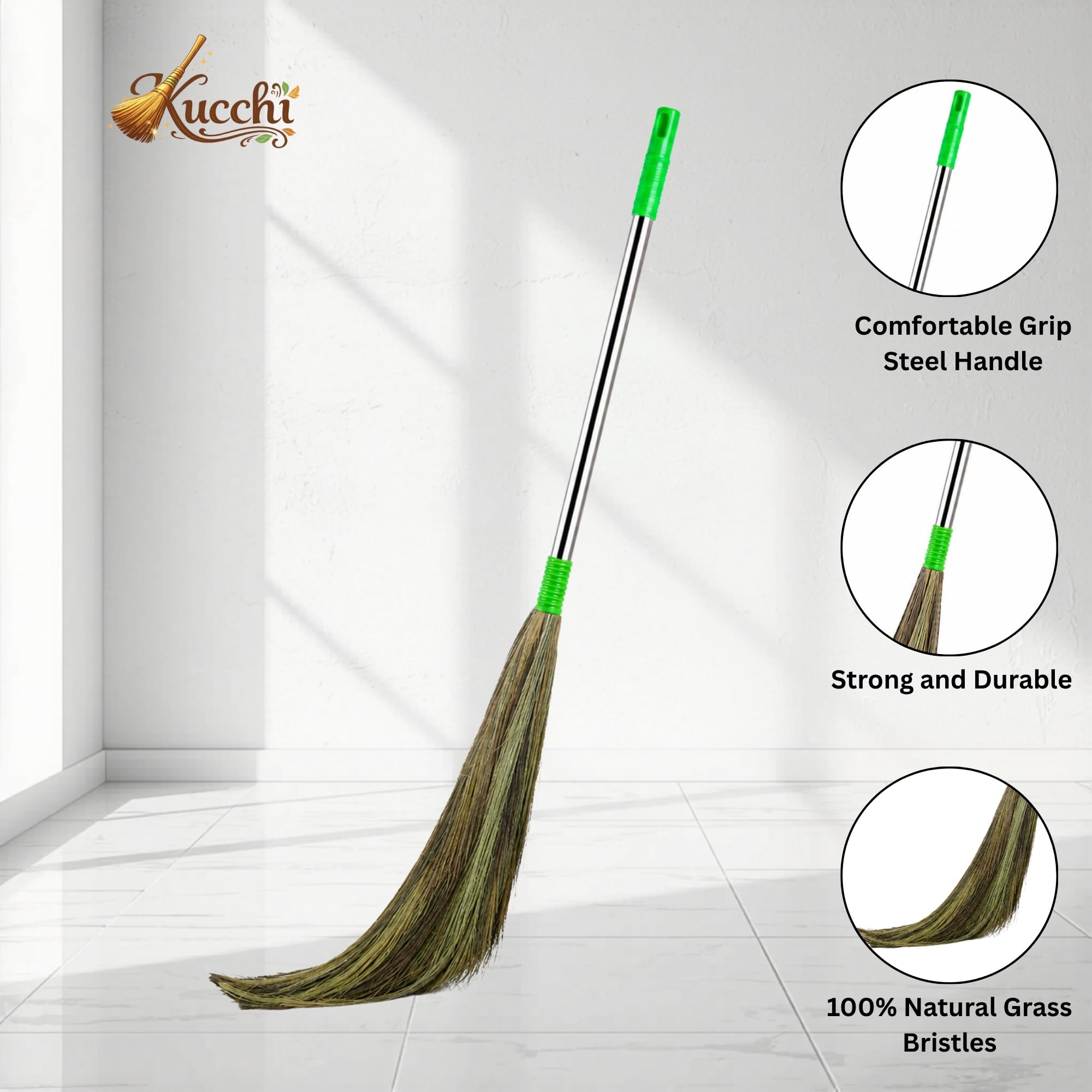 Natural Grass Broom - Meghalaya Grass, Steel Handle -5 Natural Grass Broom - Meghalaya Grass, Steel Handle -5