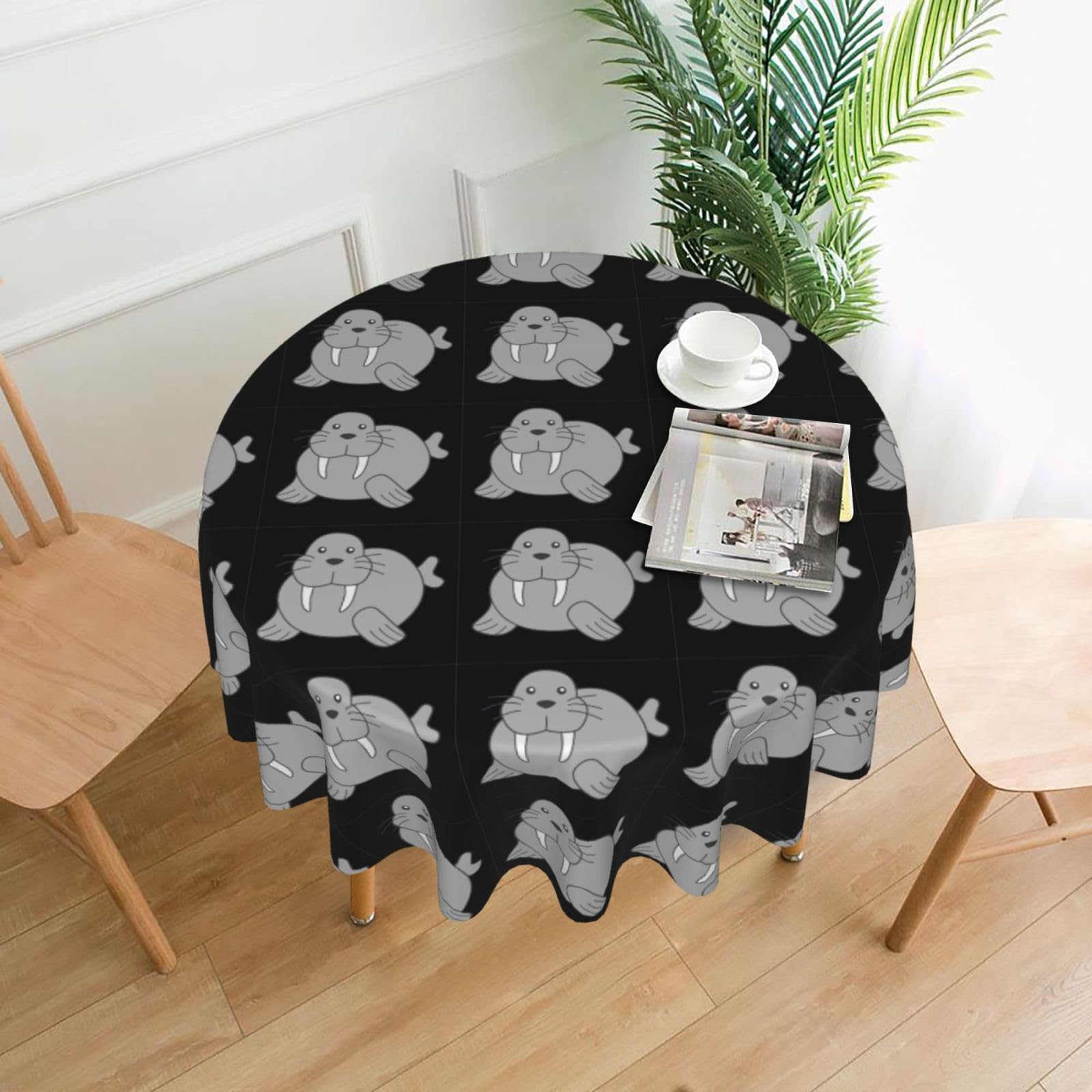 Hjfczh Black Walrus Prints Round Table Throw 60 Inch - Waterproof Table Cover - Soft & Wrinkle Resistant Decor Layer For Dinners, Parties & Everyday Use