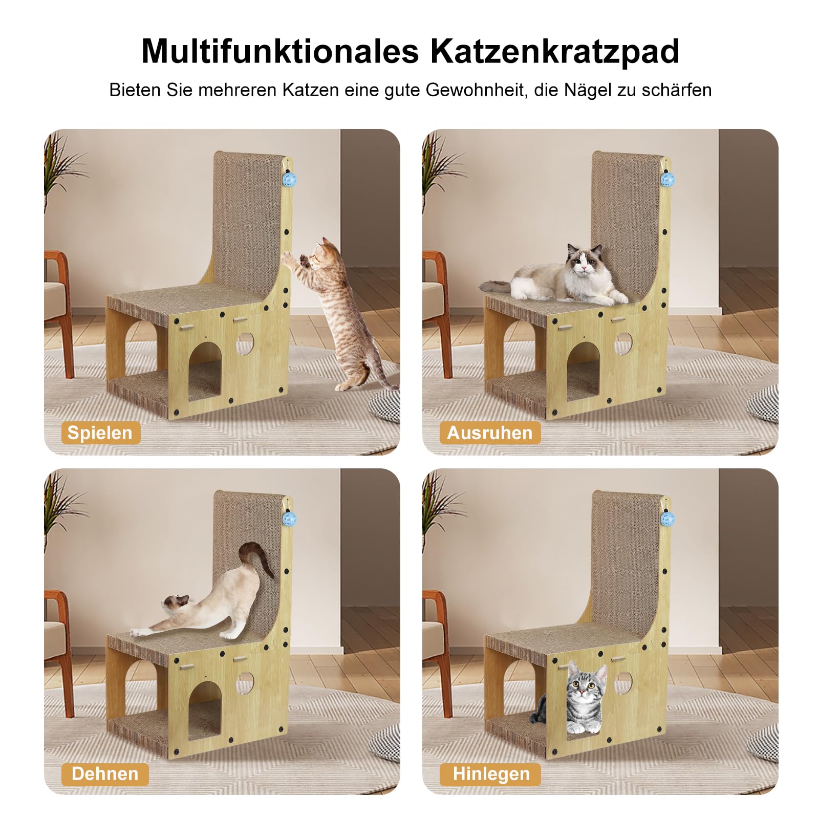 Kratzbrett Katzen Kratzpappe mit Katzenhaus Pappe - 65 cm hohe L förmige Kratzpad Lounge Wellpappe Katzenbaum Haus mit 4 Ballspielzeug Katzenkratzbrett Katzenhöhle für Indoor Katzen als Möbelschutz