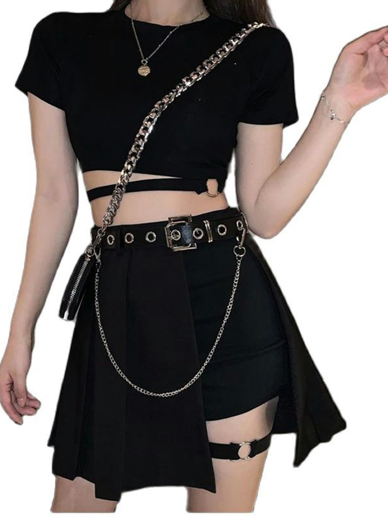 Sommer Y2K Cool Girl Hip Hop Zweiteiliges Rock-Set Streetwear Harajuku Kette Crop Top + Mini-Faltenrock-2 Stück-M