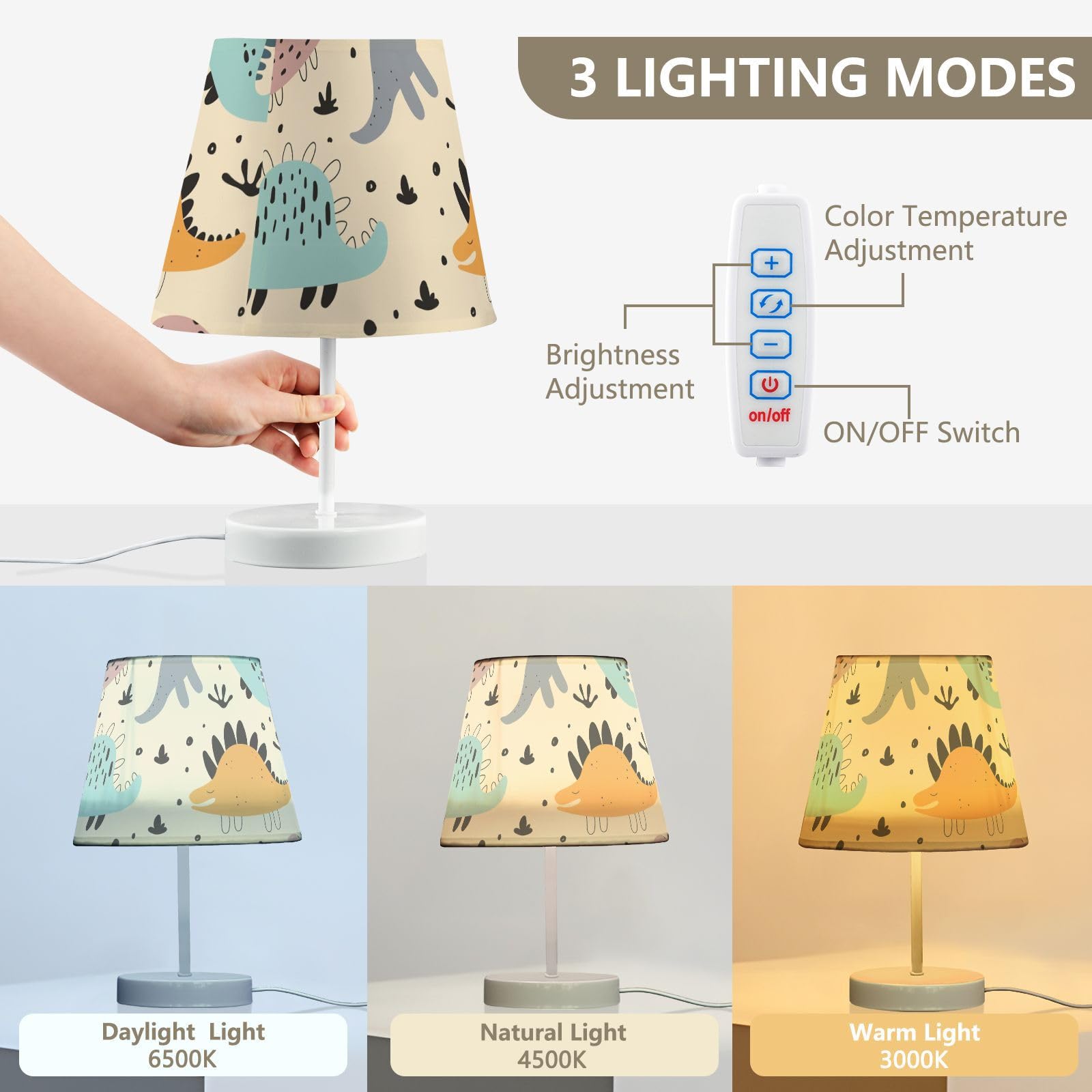 Mnsruu Lámpara de mesita de noche infantil de dinosaurios, lámpara de mesa, bombillas LED, lámpara de escritorio, pantallas de tela para dormitorio, sala de estar, mediana