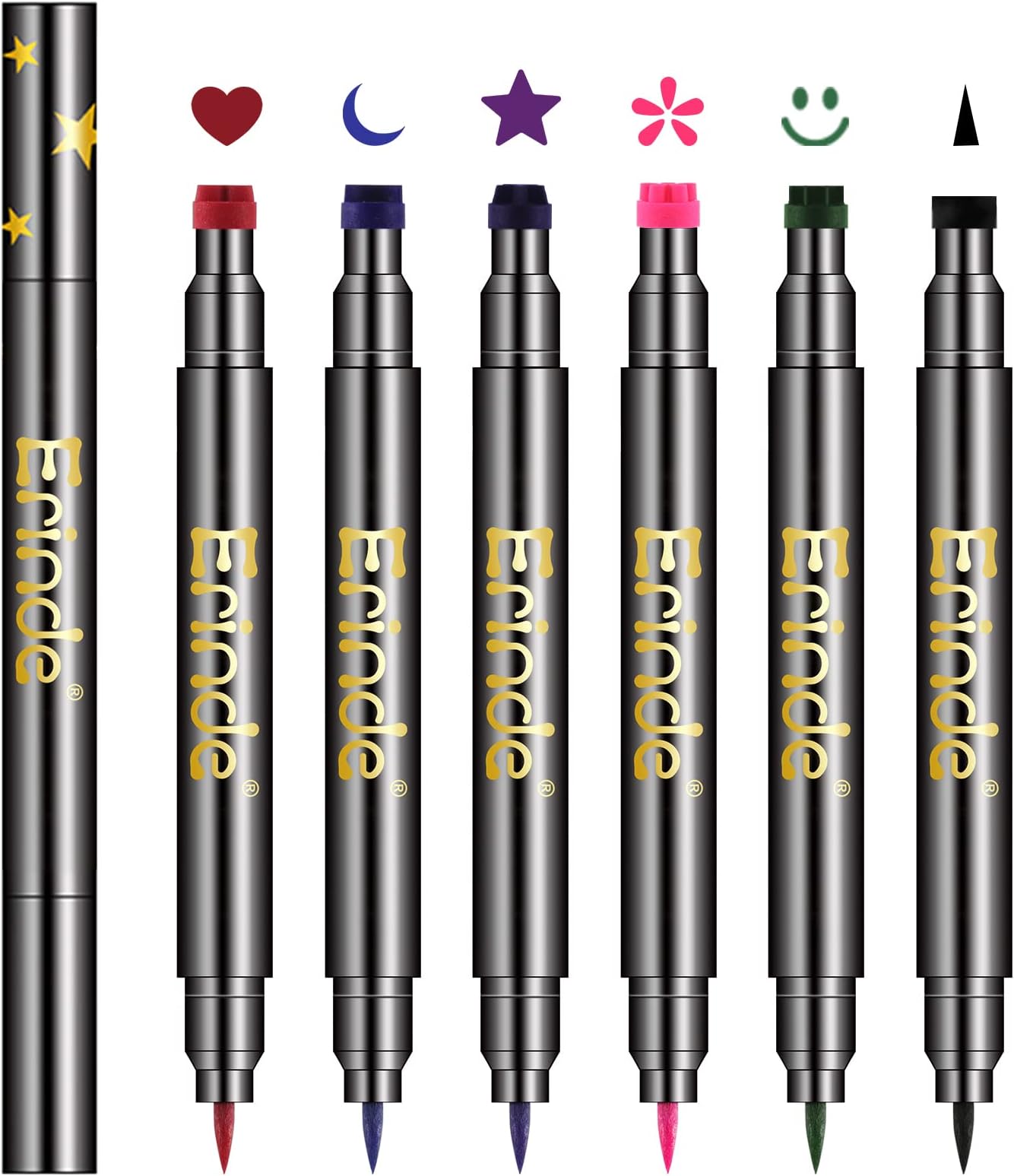 Erinde 6 Colors Double-headed Liquid Eyeliner Stamp Pen Set, Blue Red Pink Purple Green Black Colorful Winged Eye Liners for Women, Waterproof Long-Lasting Star Moon Heart Eye Face Makeup