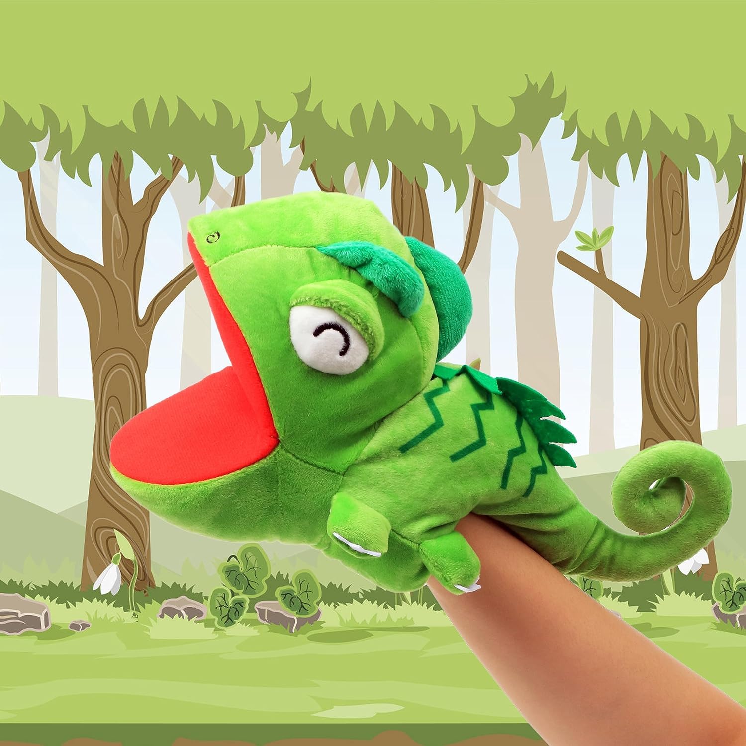 Cuteoy Plush Hand Puppet Stuffed Animal Toy Open Movable Mouth Creative Role Play Storytelling Dinosaur Plushies Gifts for Kids Toddlers Birthday Christmas，Chameleon