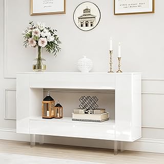 Glossy Entryway Table with Push-Open Doors - High-Gloss Modern Console T...