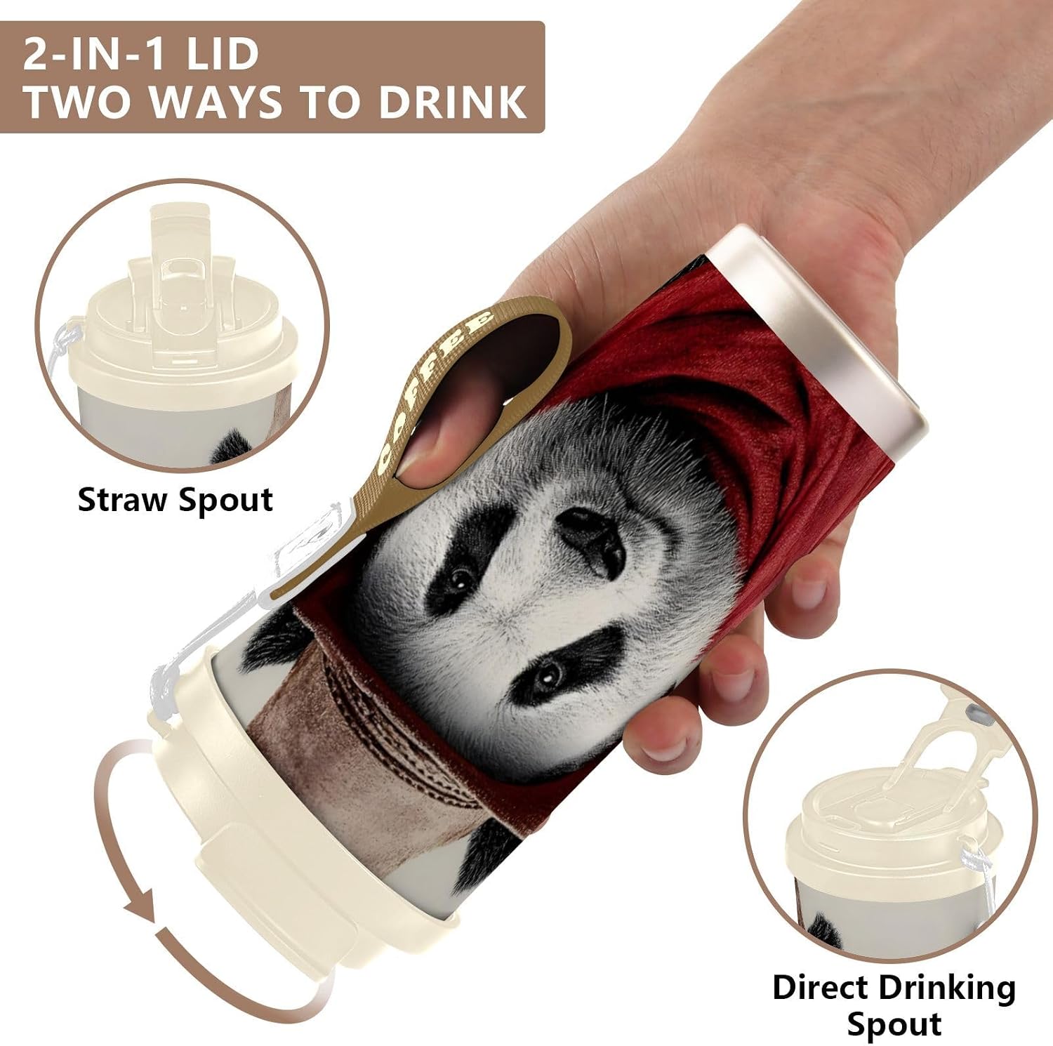 Panda Cowboy Hat Insulated Coffee Mug with Straw & Flip Lid, 16.9oz Iced Tumbler Cup, Double Wall Vacuum Mug for Travel Office