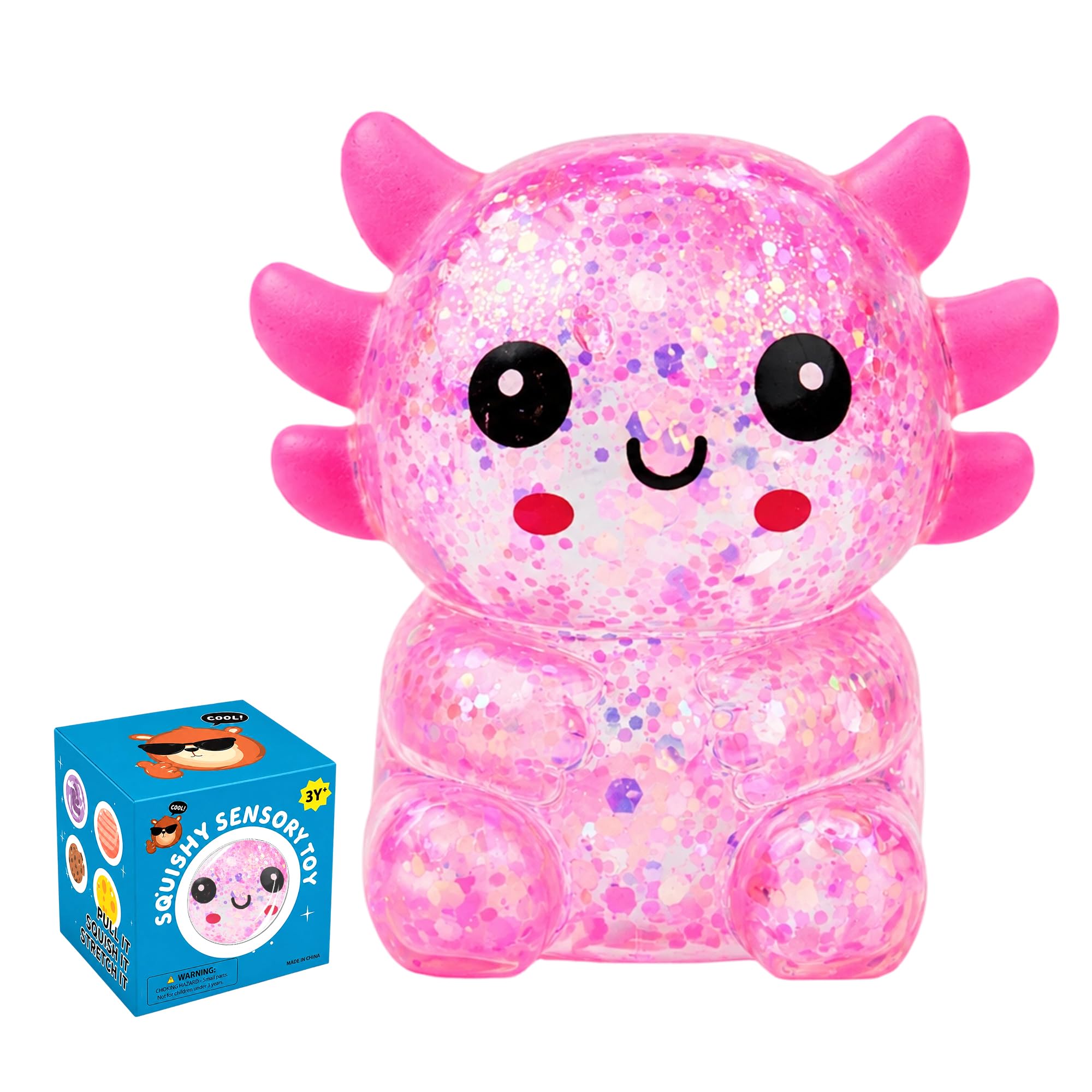 Axolotl Squishy Glitter Stress Relief Toy, TPR Squeeze Fidget Toy(Pink)