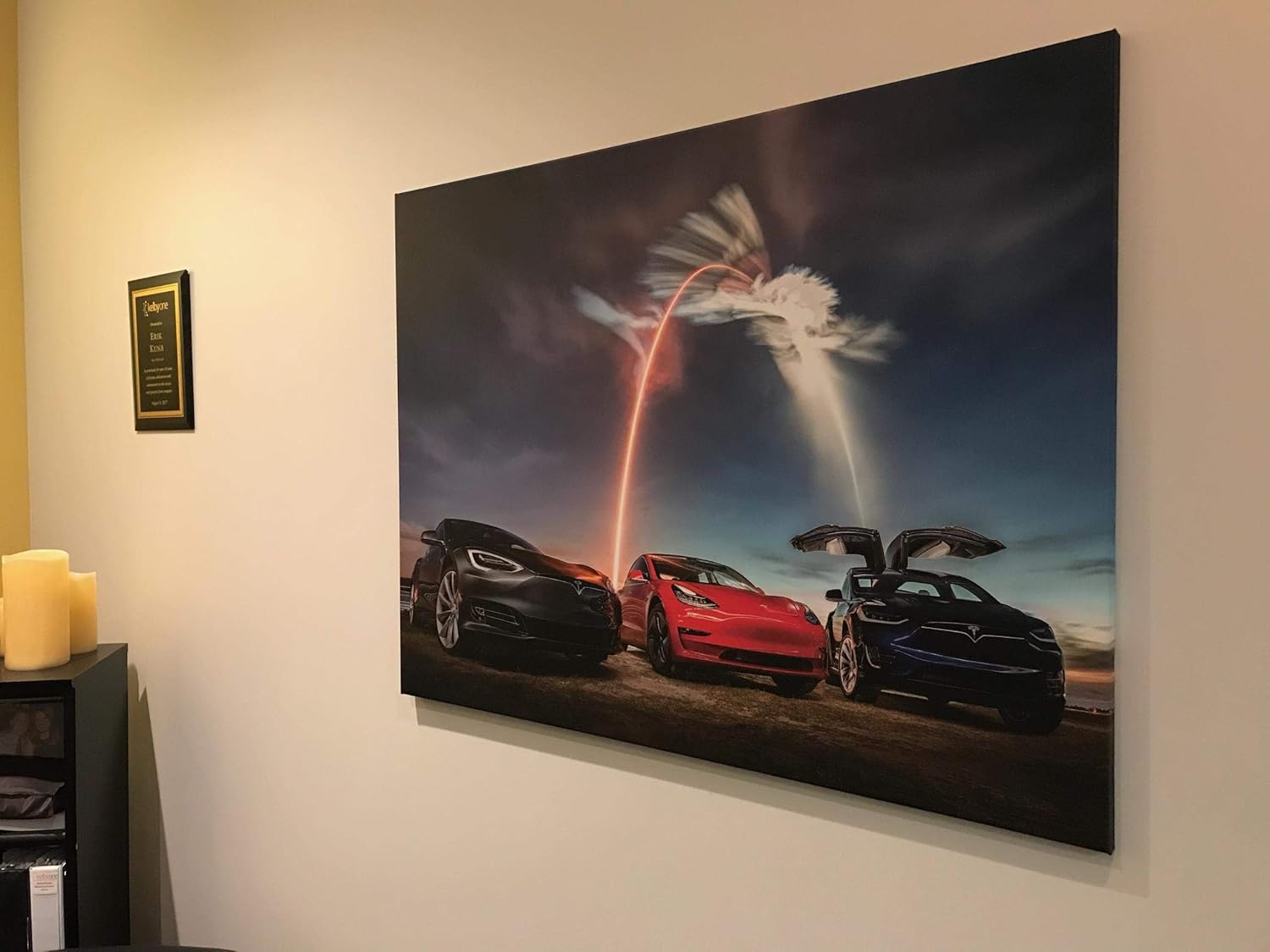 Tesla Car Poster with SpaceX Streak – Original Actual 18×24 Photo Poster of Model X, Model 3 and Model S photographed during The SpaceX CRS-15 Launch