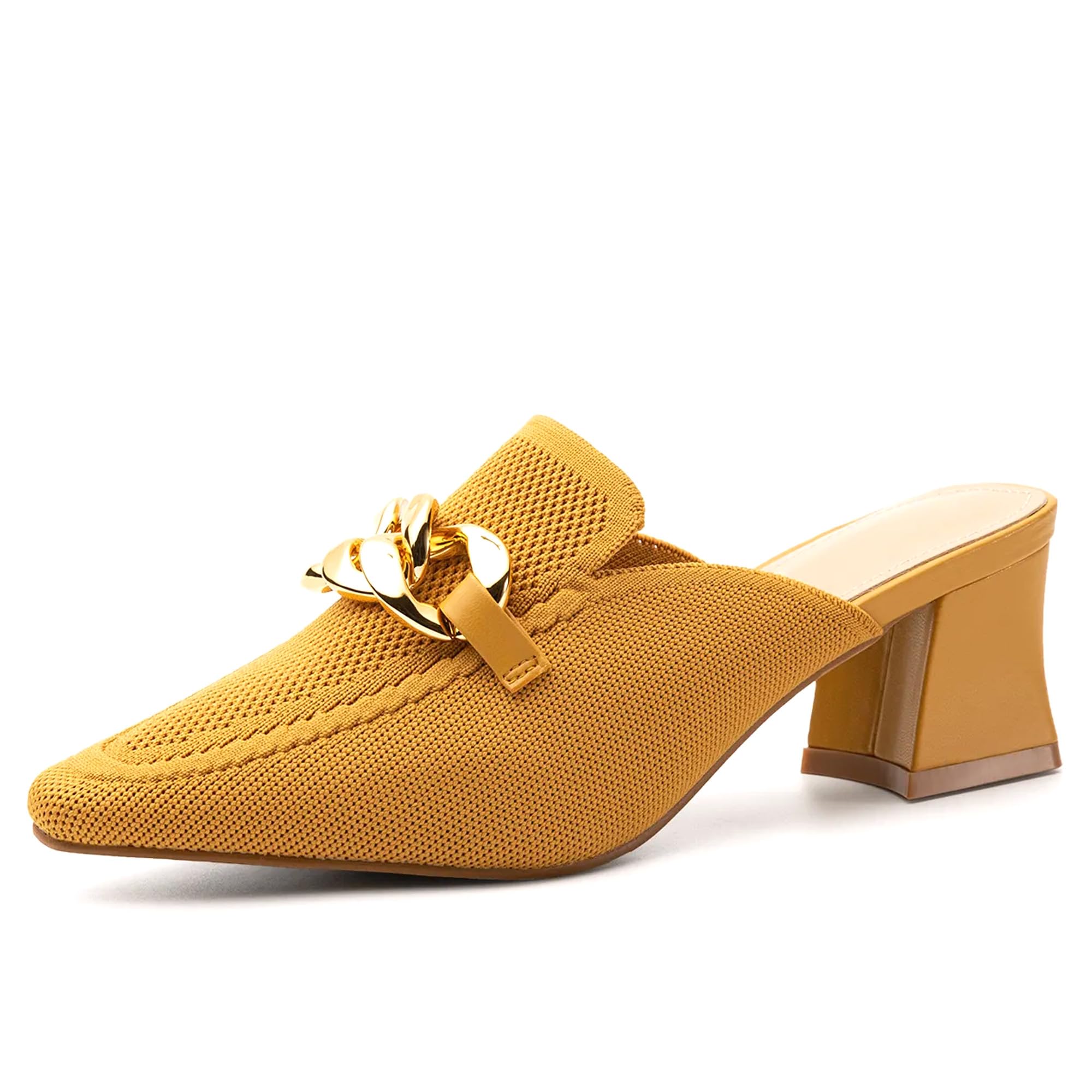 NEWBELLA Women's Pointed Toe Heeled Mules - Mousse Knit Mesh Slip-on Slingback with Chain, Elegant Comfort for Casual & Formal