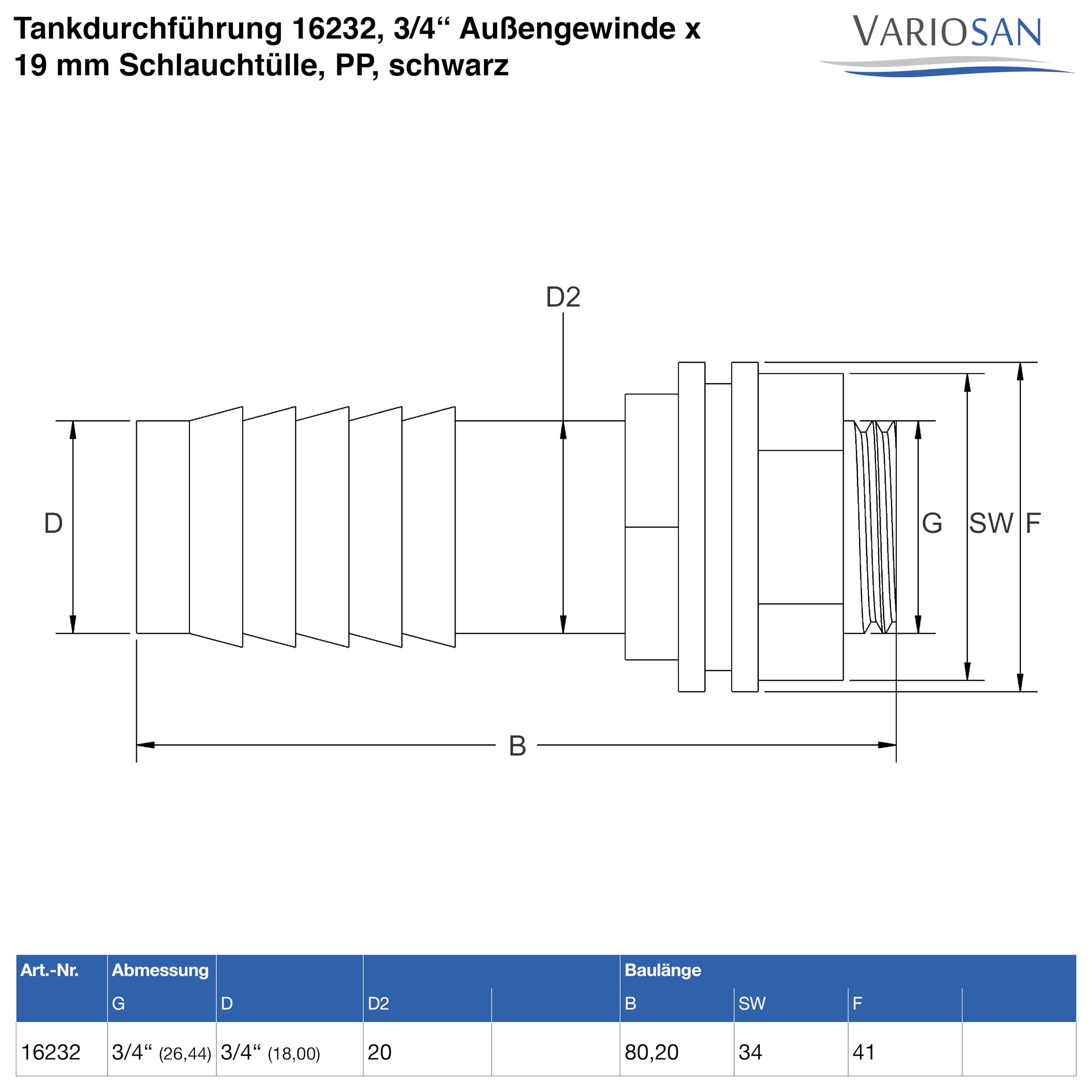 VARIOSAN 16232 Tank Thread 3/4 Inch Male Thread x 19 mm Hose Nozzle PP Black Including Seal, 3/4" - Image 4