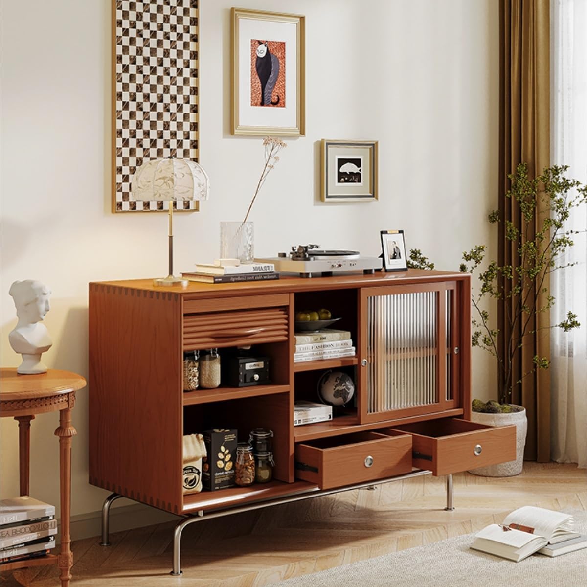 Sideboard Cabinet Solid Wood Roller Shutter Door Sideboard Living Room Storage Cabinet Modern Storage Buffet Cabinet Restaurant Cabinet Sideboard Cabinet with Drawers(B)