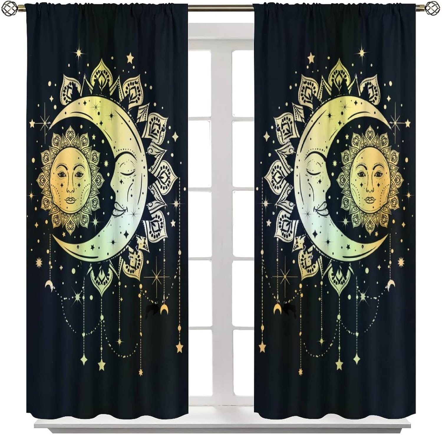 Sun and Moon Blackout Curtains Hippie Bohemian Curtains for Bedroom Living Room Boho Indian Tribal Thermal Insulated Window Drapes Trippy Astrology Curtains 42"X 45"