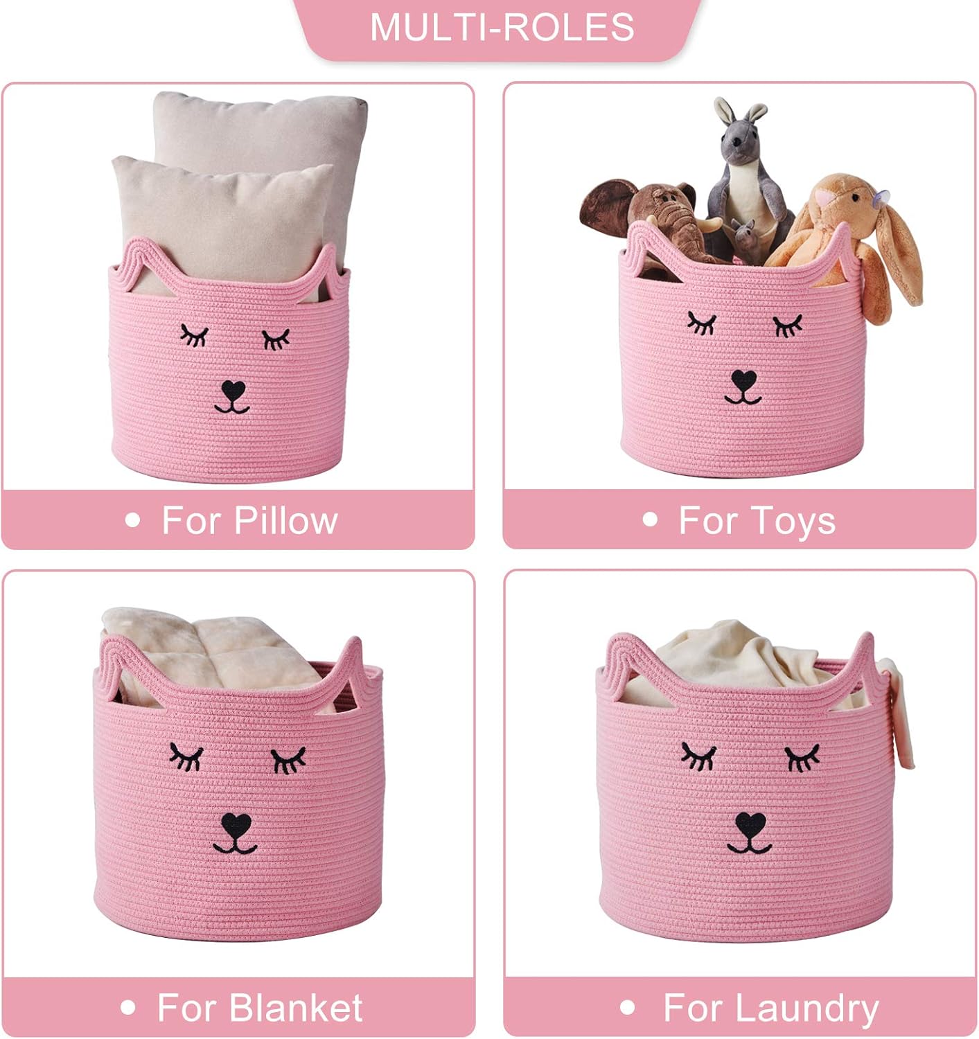 Baby Nursery Organizer for Toys, Baby Clothes Hamper with Handles, Toy Storage Bin for Nursery, Cute Nursery Storage Basket with Cute Cat Design, Pink Cotton Rope Basket, 11.8 ”(D) x 11.4 ”(H)