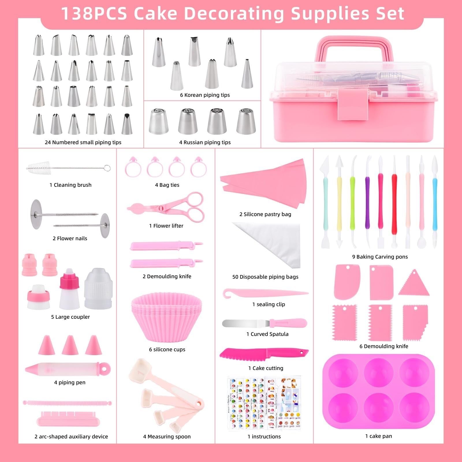 spritztülle Werkzeugset for Kuchendekoration, 138-teilig, Backzubehör inklusive Spritzbeutel und Spitzen-Set, Spritztüllen-Set, Pink tüllen(Pink (138 PCS))