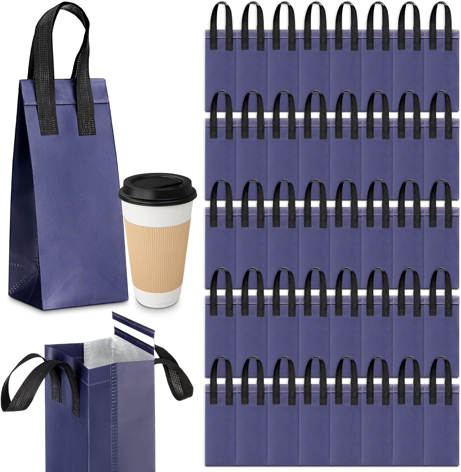50 Pcs Navy Blue Insulated Single Cup Drink Carrier Bags Bulk Thermal Insulation Take Away Bags Portable Takeout Coffee Carrier Reusable Carriers with Handle for Hot Cold Beverage