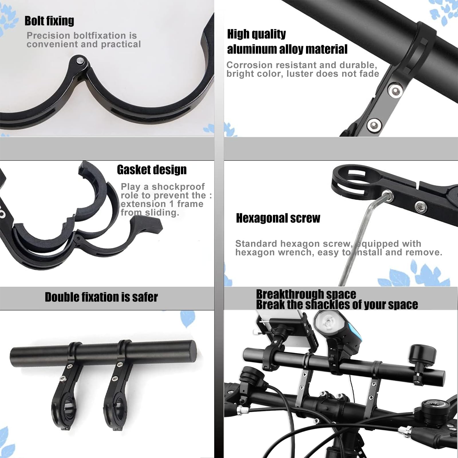 Prolunga Manubrio Per Bici Da 20 Cm In Alluminio – Doppio Morsetto, Per Torcia, Telefono, GPS, Fotocamera, Facile Da Montare