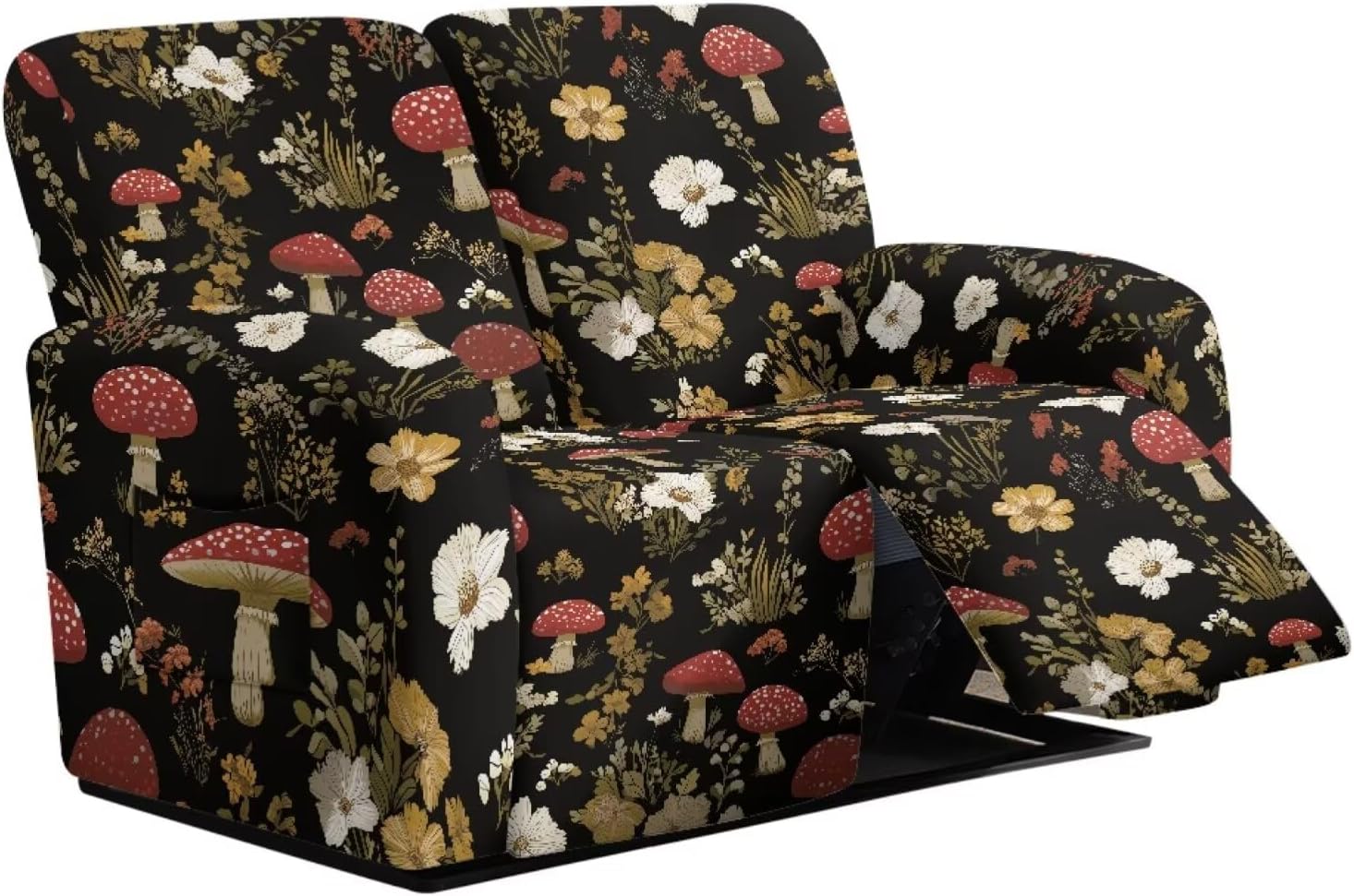 Mushroom Floral Print Loveseat Covers 6-Piece Reclining Loveseat Slipcover Stretch Love Seat Couch Covers with Pockets Furniture Protector for 2 Cushion Couch