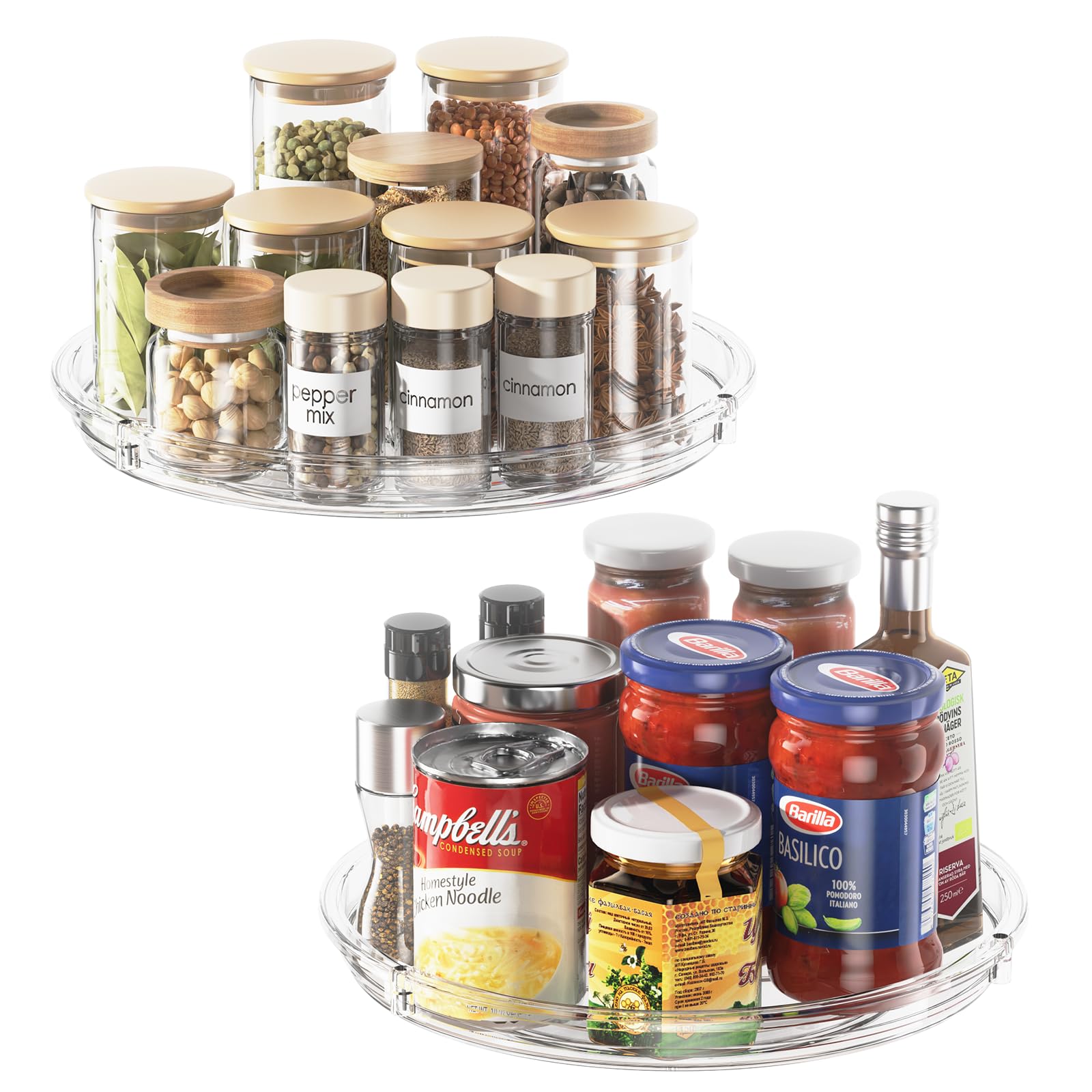 LAMU 2 Pack 23.5CM Lazy Susan Turntable for Cupboard, Rotating Spice Organiser for Cabinet, Kitchen, Table Top, Countertop, Pantry Fridge Organiser and Storage, Clear