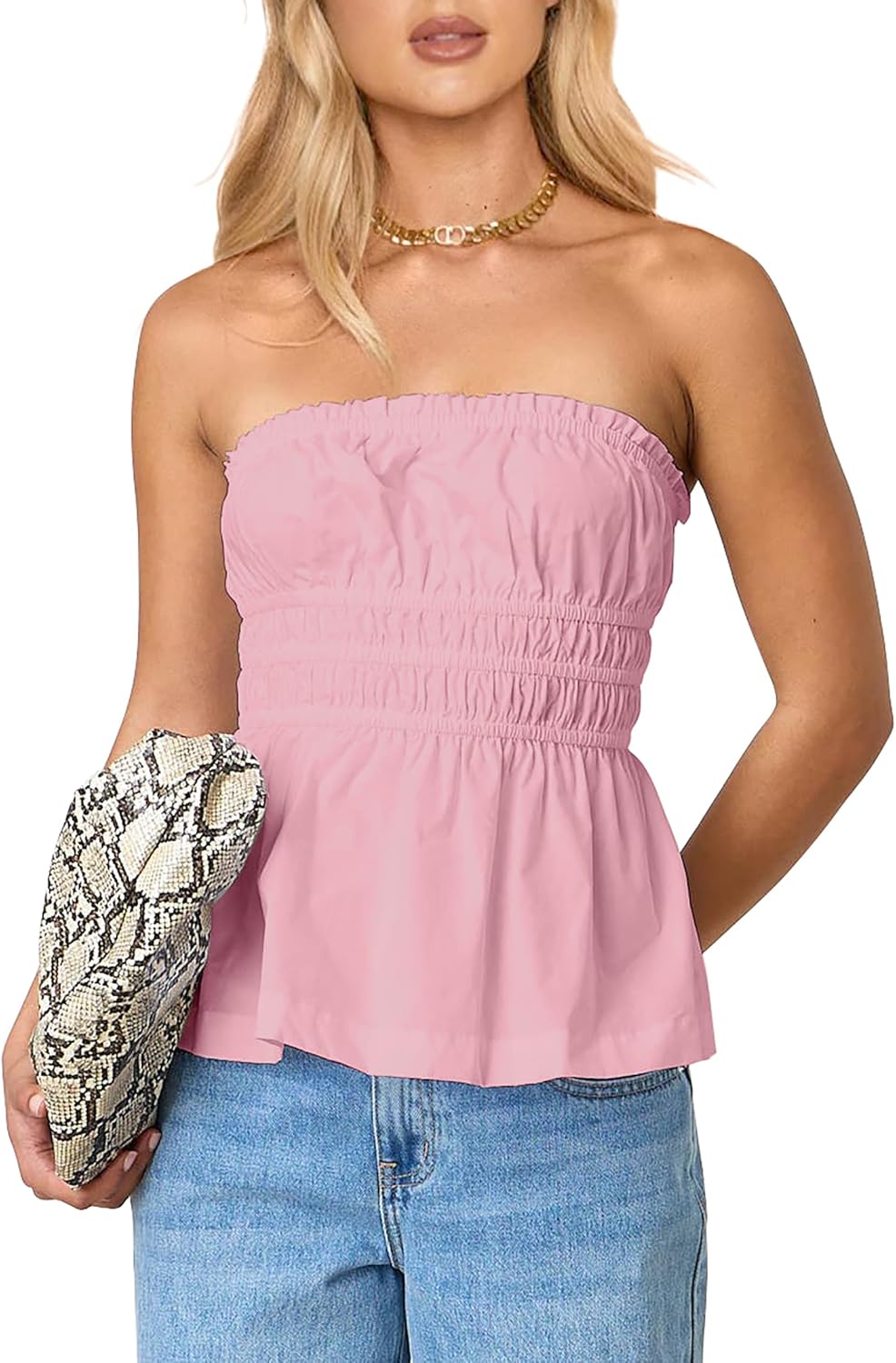 CSDAJIO フリル付きスモックチューブトップ 女性用 ロングストラップレスシャツ バックレス 外出 ペプラム フリル バンドゥト