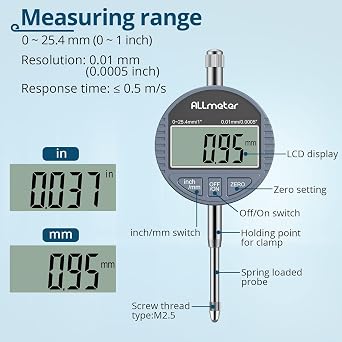 Digital Dial Indicator Set with Magnetic Base & 22pcs Testing Tips, 0-1 Inch/25.4mm, 0.01mm Resolution, Large LCD Display, Metric/Imperial Conversion, for 3D Printers, Lathes, and Workshops