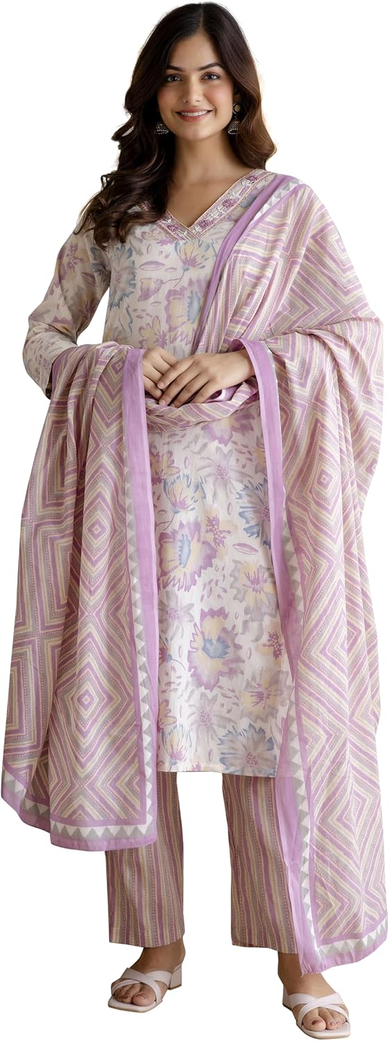 TRENDMALLS Women’s Pure Cotton Abstract Floral Print Kurta Pant with Dupatta Set