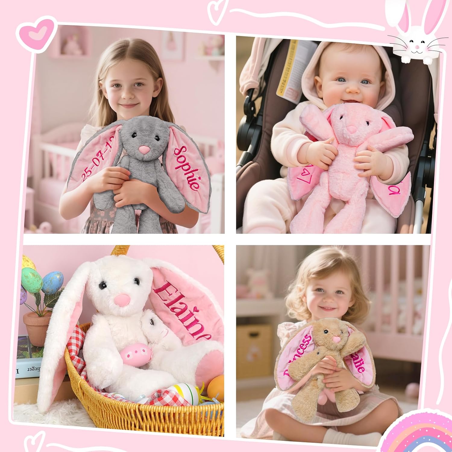Personalized Plush Bunny with Embroidered Name, Custom Stuffed Animal, 2 Year Old Girl Gift, Personalised Baby Toy Plush, Easter Basket Stuffers Birthday Christmas Easter Gift for Toddler Newborn Girl