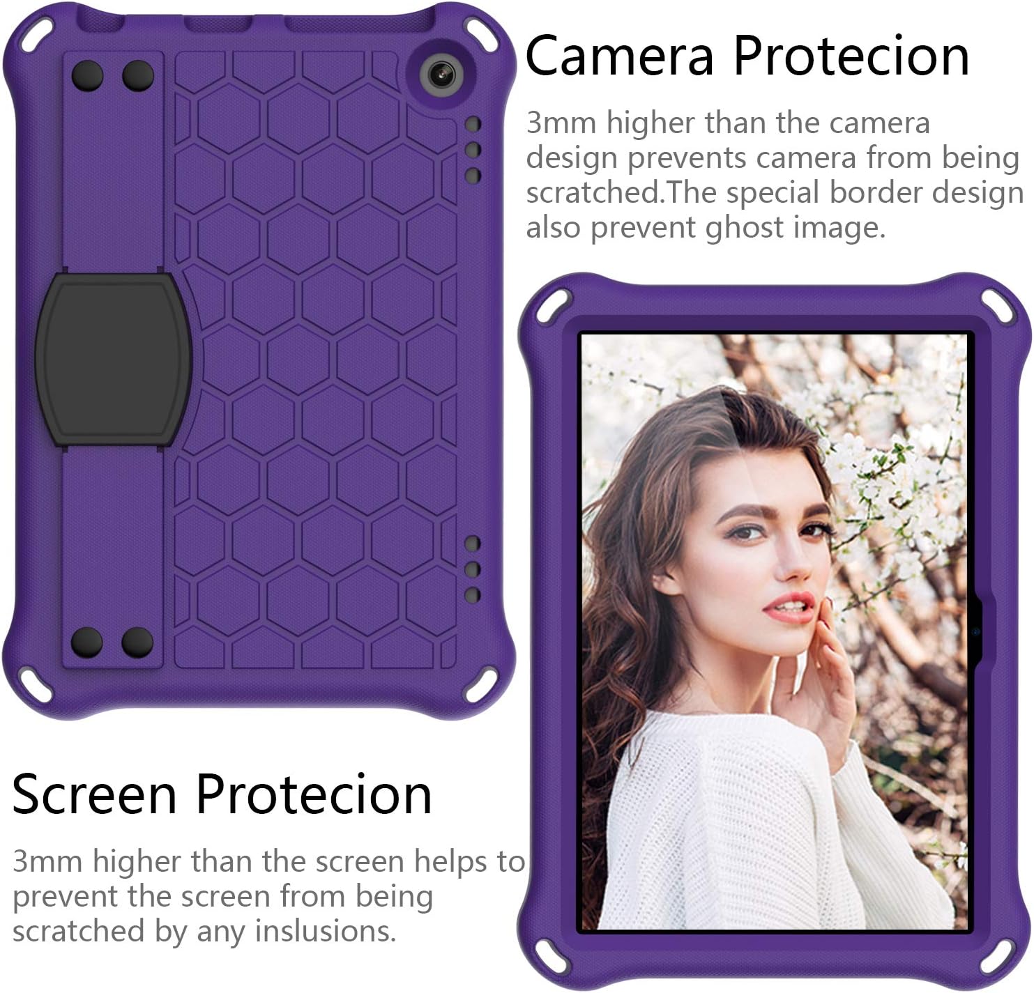 Bumper Case for Fire HD 8"/Plus 10th Gen (2020 Only), Techcircle Shockproof Hand Belt Stand Cover Kids EVA Foam Honeycomb Protective Case with Shoulder Strap Handle Light Cover, Purple