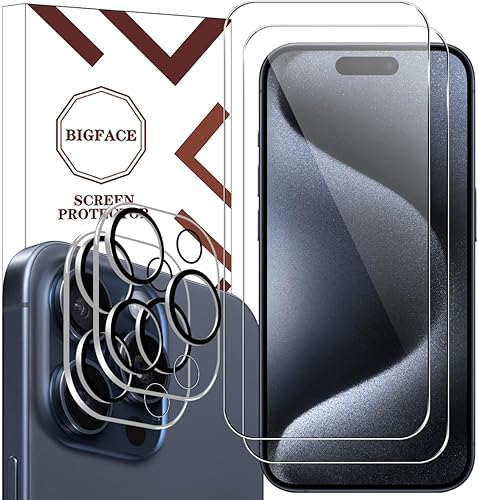 BIGFACE Protector de pantalla compatible con iPhone 15 Pro + protectores de lente de cámara, 2 + 2 unidades de vidrio templado transparente HD de