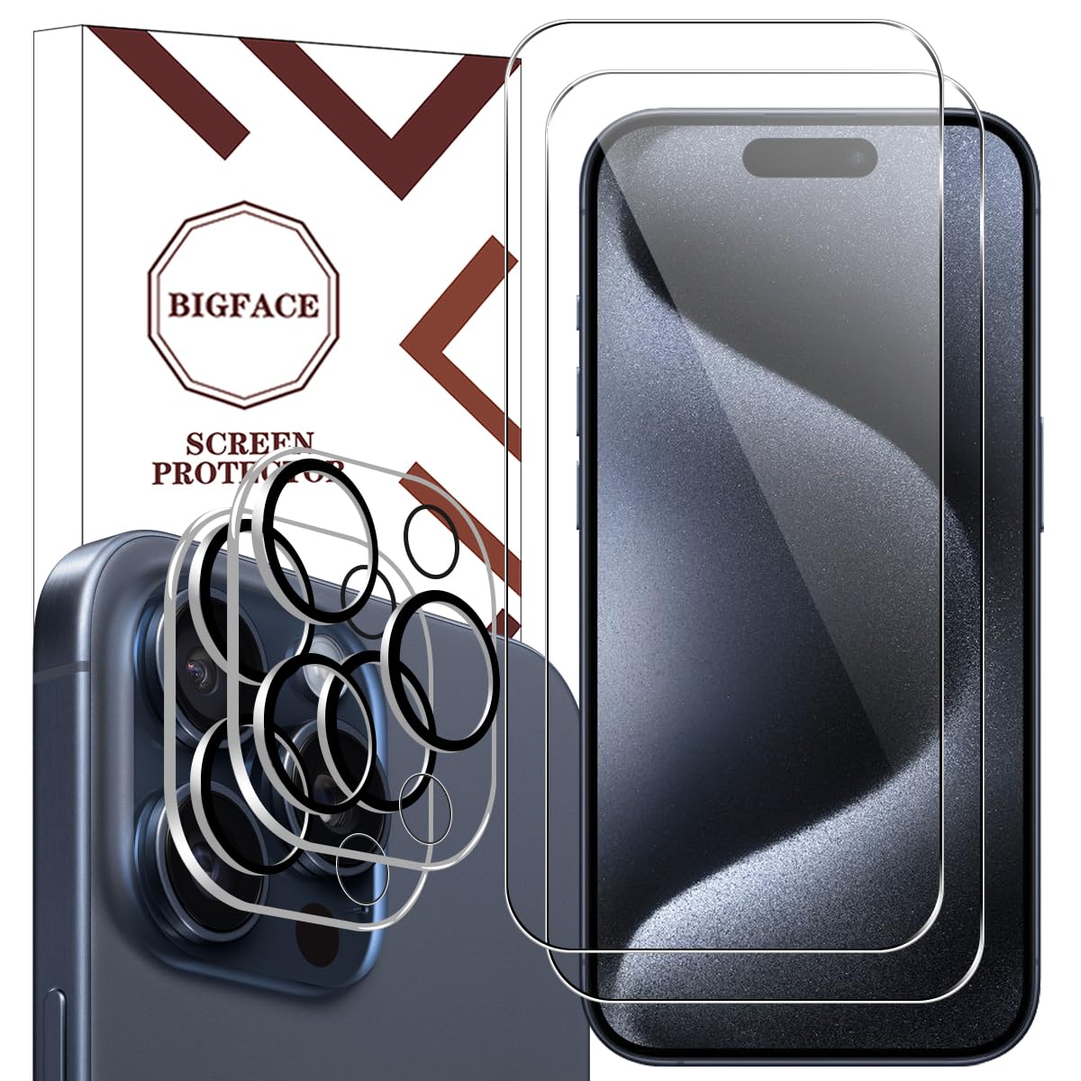 BIGFACE Compatible with iPhone 15 Pro Screen Protector + Camera Lens Protectors, [2 + 2 Pack] Premium HD Clear Tempered Glass, Anti-Bubble 3D Curved Accuracy Film For iPhone 15 Pro(6.1 Inch)