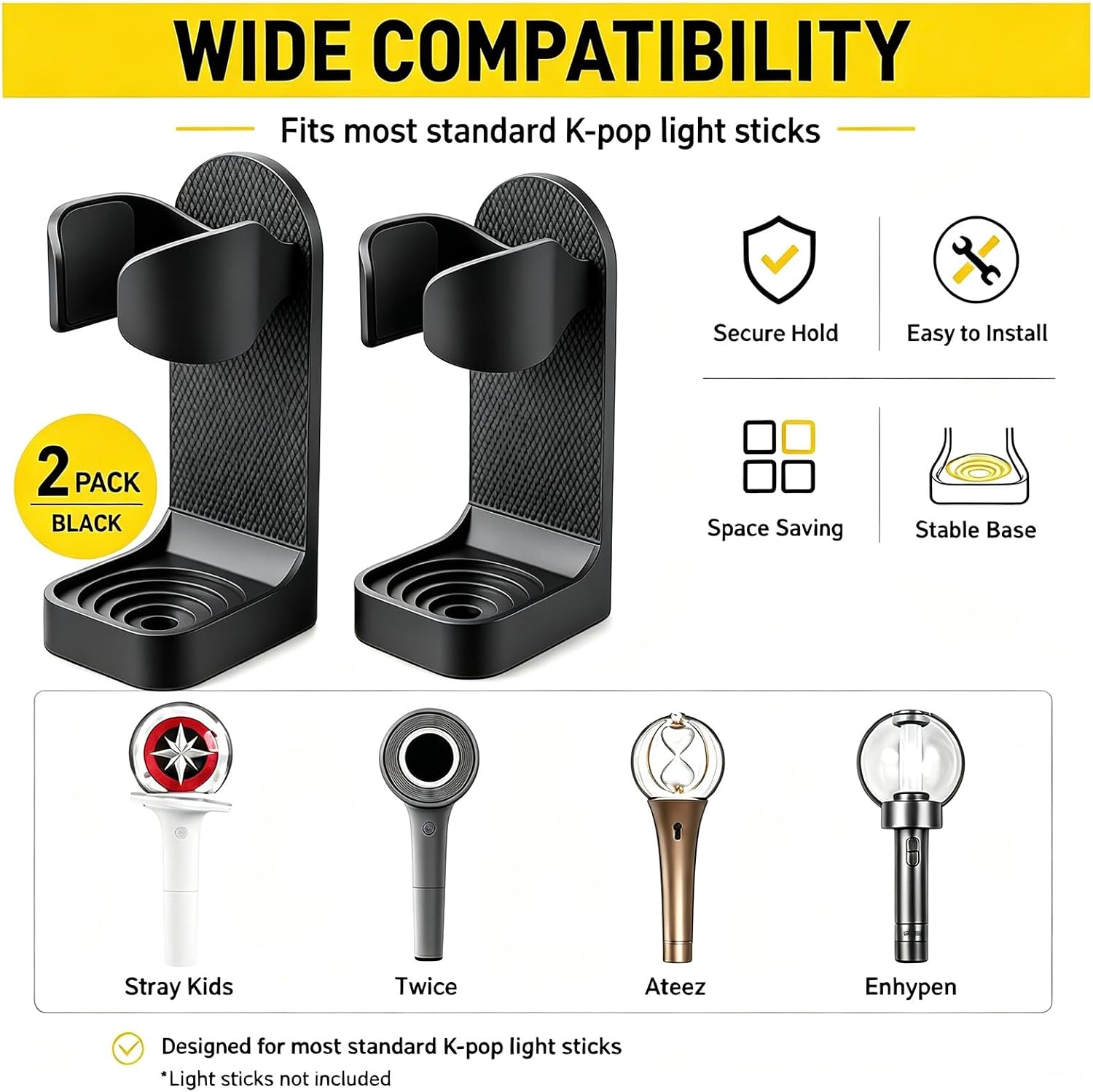 2 Pack Black Adhesive Wall Mount Light Stick Holders for Kpop Fans