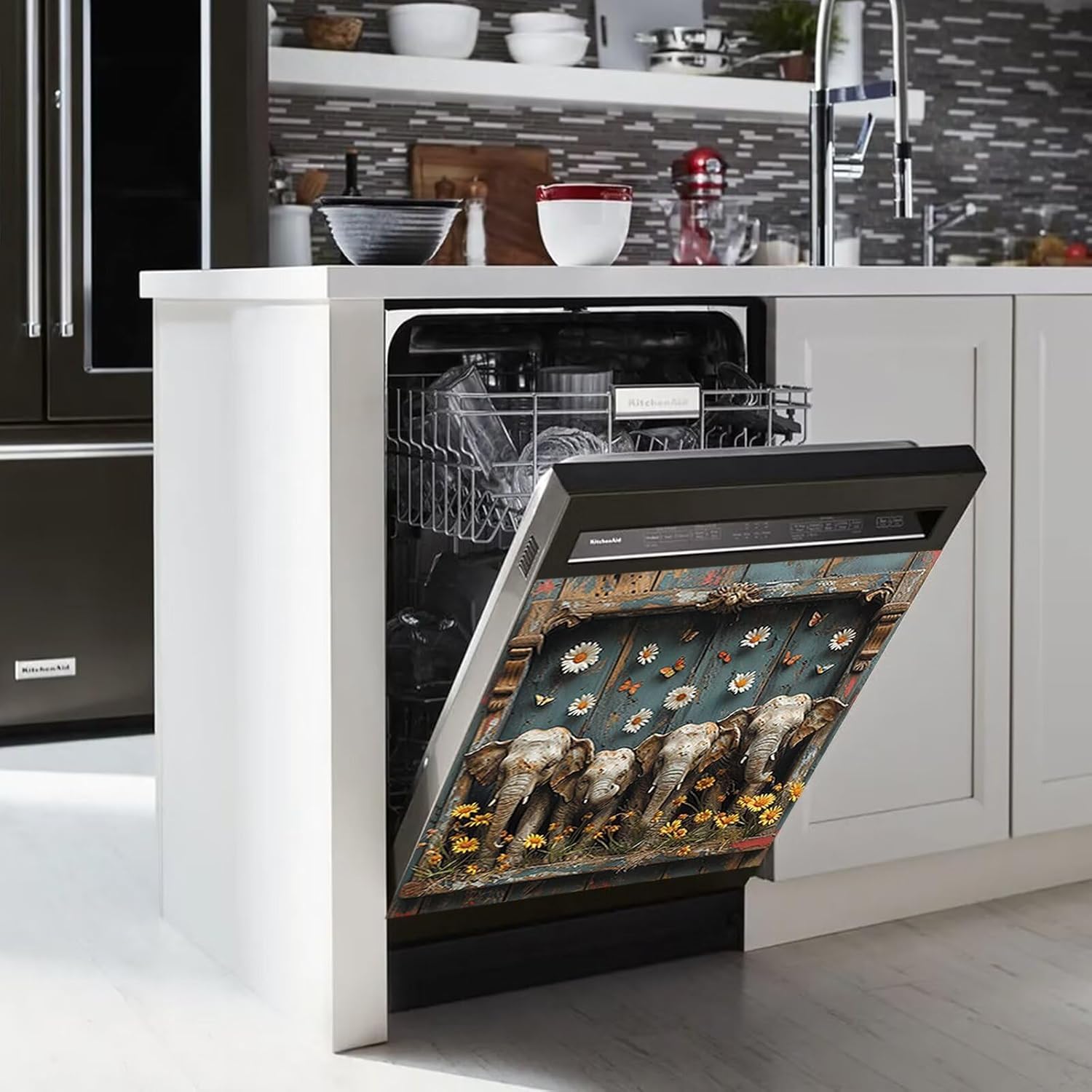 Elephant Dishwasher Magnet Cover, Vintage Wood Dishwasher Sticker Sign, Daisy Sunflower Magnetic Cover for Appliance Decoration, Farmhouse Style Decal Refrigerator Covers Magnet, 23 W x 17 H inch