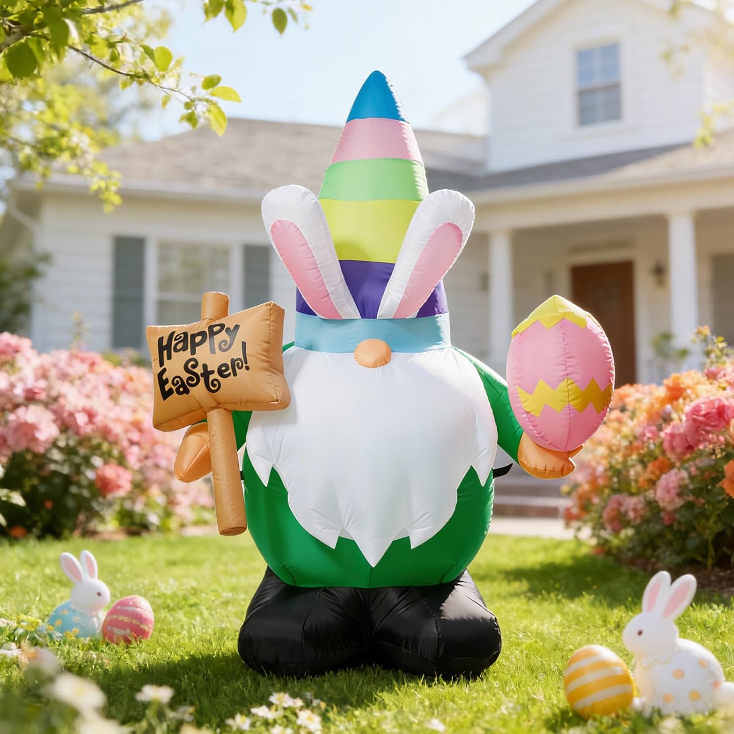 Dawdix 4.6 FT Easter Inflatable Gnome Outdoor Decoration, Blow Up Rabbit Gnome Holding Eggs with Built-in LEDs for Lawn Yard Garden Decor